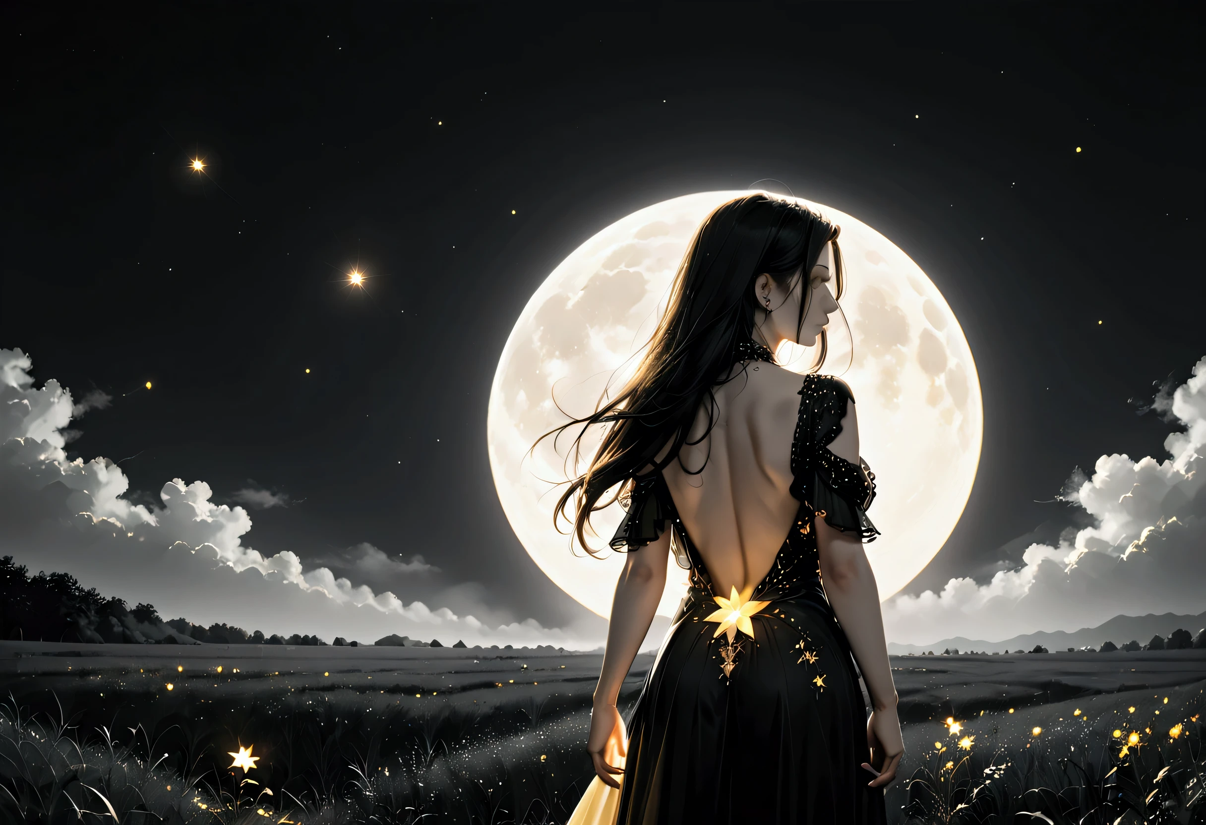 score_9, score_8_up, score_7_up, score_6_up, score_5_up, score_4_up, (black and white art: 1.5) mostly black and white, a picture of a beautiful woman, long hair, wearing dark blue dress, with yellow glowing stars on it, backless dress, small cleavage, it is night, the moon in the sky, picture taken from the rear (only colors are the dress and the eyes)