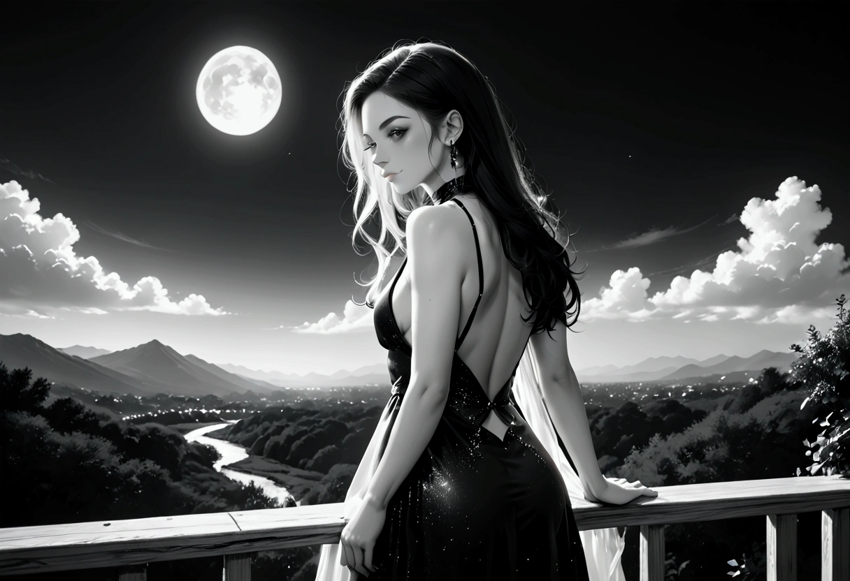 score_9, score_8_up, score_7_up, score_6_up, score_5_up, score_4_up, (black and white art: 1.5) mostly black and white, a picture of a beautiful woman, long hair, wearing rainbow colored dress,  backless dress, small cleavage, it is night, the moon in the sky, picture taken from the rear (only colors are the dress)