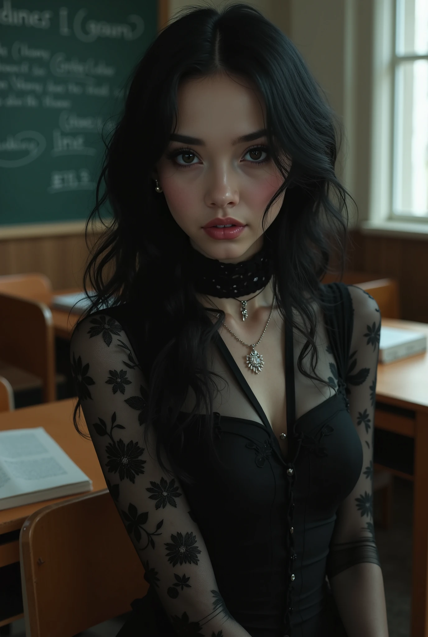 Realistic, High resolution, Soft Light,1 female, alone, Hips rise high, (Detailed face),tattoo, jewelry,((A woman sitting cross-legged at a podium in a school classroom)),(teacher)、((Translucent lace bra))、((See-through thong with white tight lace)),Biggest,Low chest, ((Long black straight hair))、((Fishnet pantyhose))、((mix4))、Laughter、(Sexy pose)、