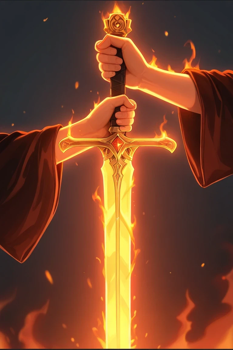 two burning hands, holding a blue sword, black background, best quality, 8k, extremely detailed, anime styling