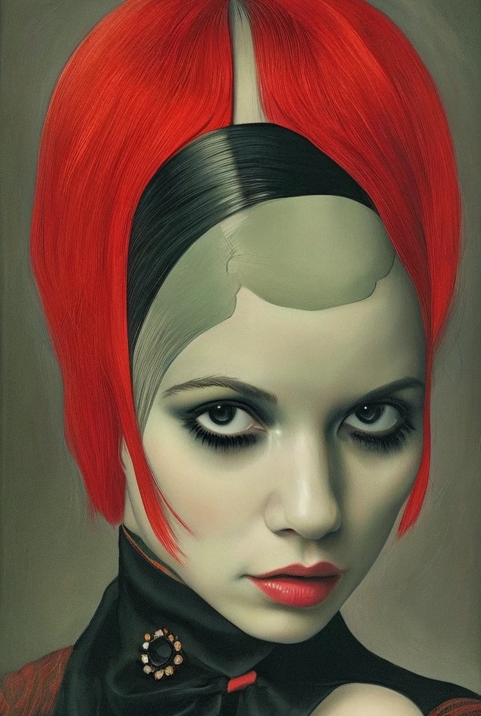 One with red hair with a black beret in her hair, she must be all crooked and disfigured , like a monster . She wears a pink cropped with a red tie , a black shorts and a black blouse around the waist . A must be in analog horror style / cassette tape and it must be a frightening image as if she were a monster with human skin on top of a disfigured body, she must be in a corridor chasing something , The space must be dark