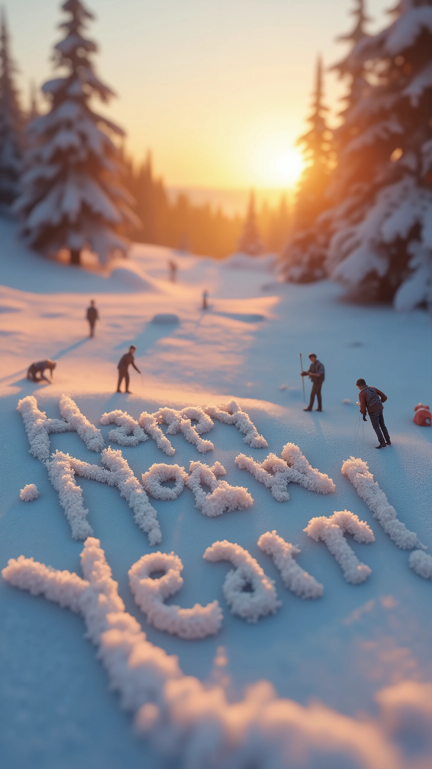 Tilt Shift, Miniature. People make letters in the snow. "Happy New Year!" In the background, you can see the sun rising from the horizontal line.