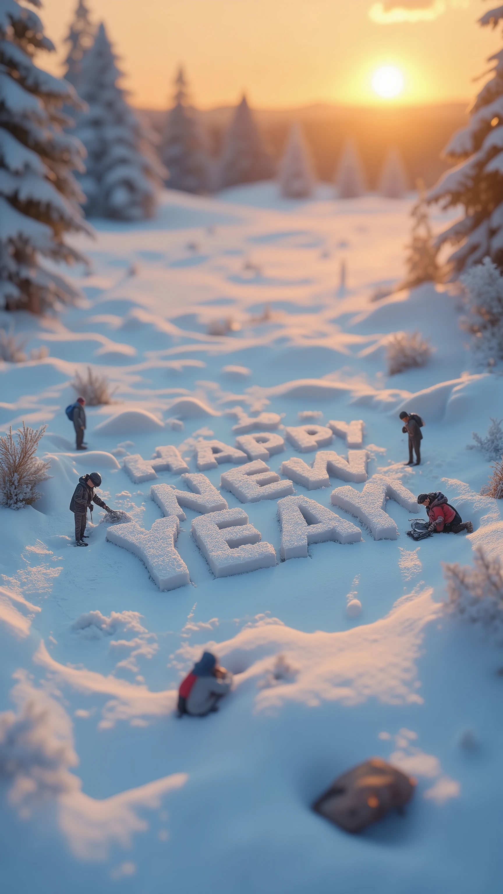 Tilt Shift, Miniature. People make letters in the snow. "Happy New Year!" In the background, you can see the sun rising from the horizontal line.