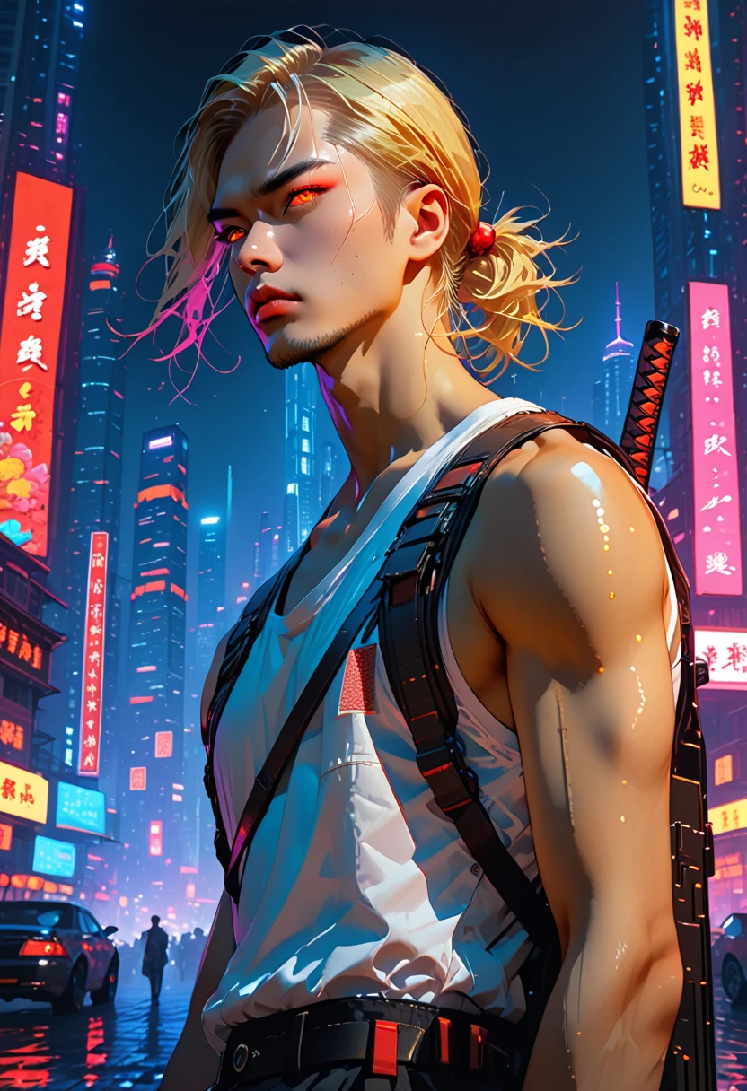  masterpiece fails,  skyscrapers in the background beautiful illustration, shanghai ,  Cyberpunk, Night, neonовые цвета, against the background of the , neon,  man with blond hair and red eyes,  wearing a white shirt and vest ,  in front of him is an Asian man with yellow eyes , katana on back,  gun in hand , wearing a tank top and harness , two men, romance, Night, яркий neon, розовый neon, detective story