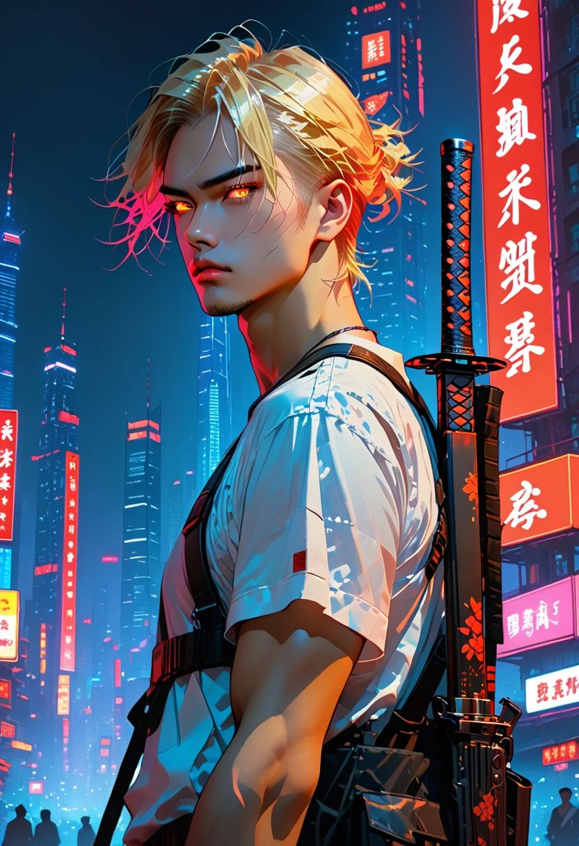  masterpiece fails,  skyscrapers in the background beautiful illustration, shanghai ,  Cyberpunk, Night, neonовые цвета, against the background of the , neon,  man with blond hair and red eyes,  wearing a white shirt and vest ,  in front of him is an Asian man with yellow eyes , katana on back,  gun in hand , wearing a tank top and harness , two men, romance, Night, яркий neon, розовый neon, detective story, 2 men