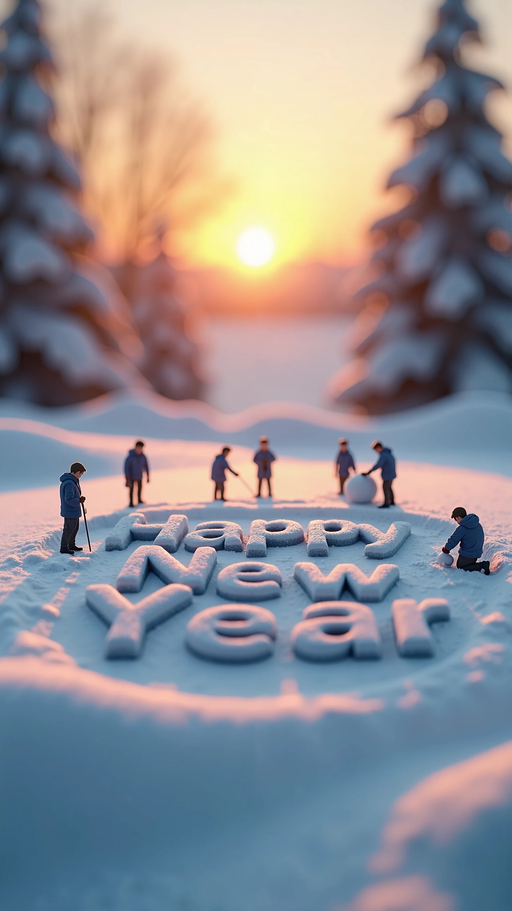 Tilt Shift, Miniature. People make letters in the snow. "Happy New Year!" In the background, you can see the sun rising from the horizontal line.