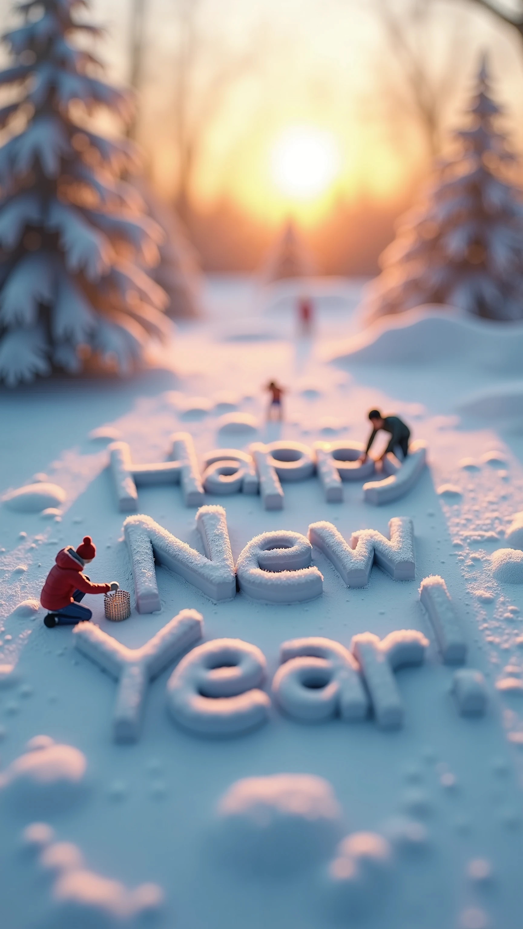 Tilt Shift, Miniature. People make letters in the snow. "Happy New Year!" In the background, you can see the sun rising from the horizontal line.