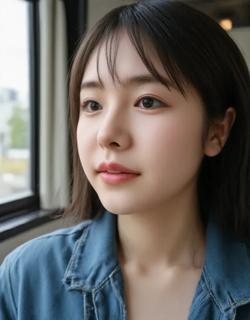  close-up portrait of a 24-year-old Asian woman  (close-up portrait of a 24 year old asian woman who is very skinny but has big boobs  , gorgeous actress-like woman)  I'm sitting by the window of a cafe with a 70s style interior in New York and facing the window.  she says  (Wearing a cut denim jacket on bare skin  :1.4) , Nipples are slightly visible through gaps in the jacket, Highlights the chest .  she says 白い肌で自然な(( without makeup :1.4)),  pores and skin texture are clearly visible 、In focus., Dirty black hair,  shiny, Fresh, almond shaped face, looking out at the city through a glass window.  Retro-style lighting and the woman's silhouette are reflected in the glass , the evening skyline of new york city is blurred in the distance.