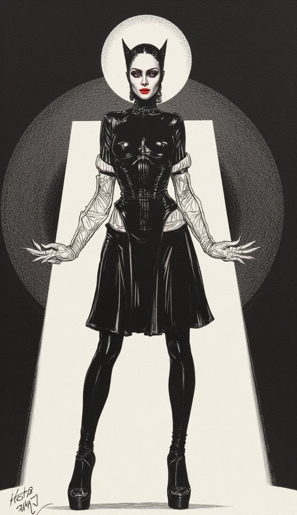 Inkdrawing of a very (dystrophy:1.5) only bone and skin (Eva Green) in (black eyed demon), high contrast, (full body view:1.5), blood colors, by kr355e