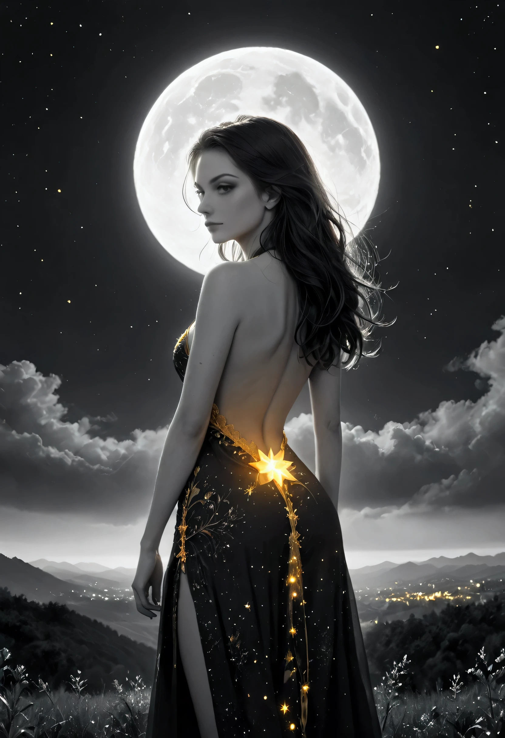 score_9, score_8_up, score_7_up, score_6_up, score_5_up, score_4_up, (black and white art: 1.5) mostly black and white, a picture of a beautiful woman, long hair, wearing dark blue dress, with yellow glowing stars on it, backless dress, small cleavage, it is night, the moon in the sky, picture taken from the rear (only colors are the dress and the eyes), intricate details