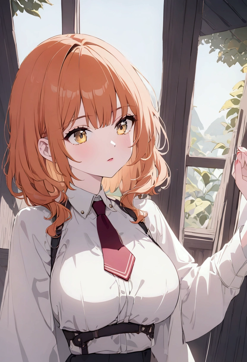  Anime girl with orange hair,  yellow eyes , medium size breast,  fine winding,  white clothes with red tie , Boca black skirt with light pink lipstick