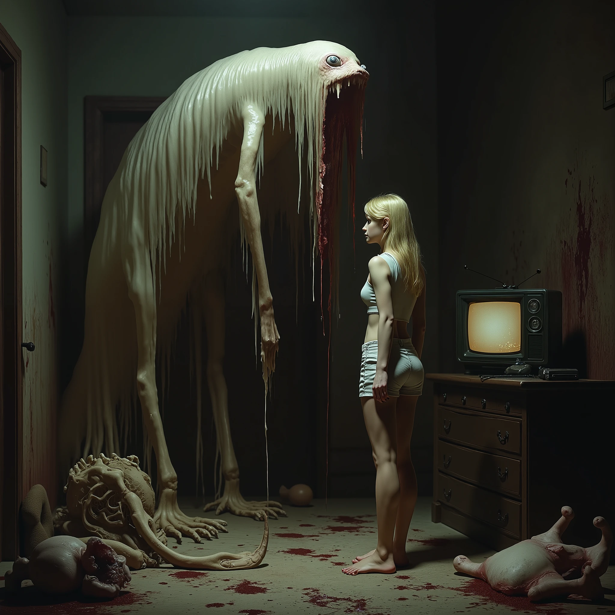 "(the best lighting, high contrast , dark, dramatic),(Blonde girl next to a giant jelly weasel, Open the rib cage, fetus, autopsy, human bones, blood on the walls), tv on . Light Caravaggio"