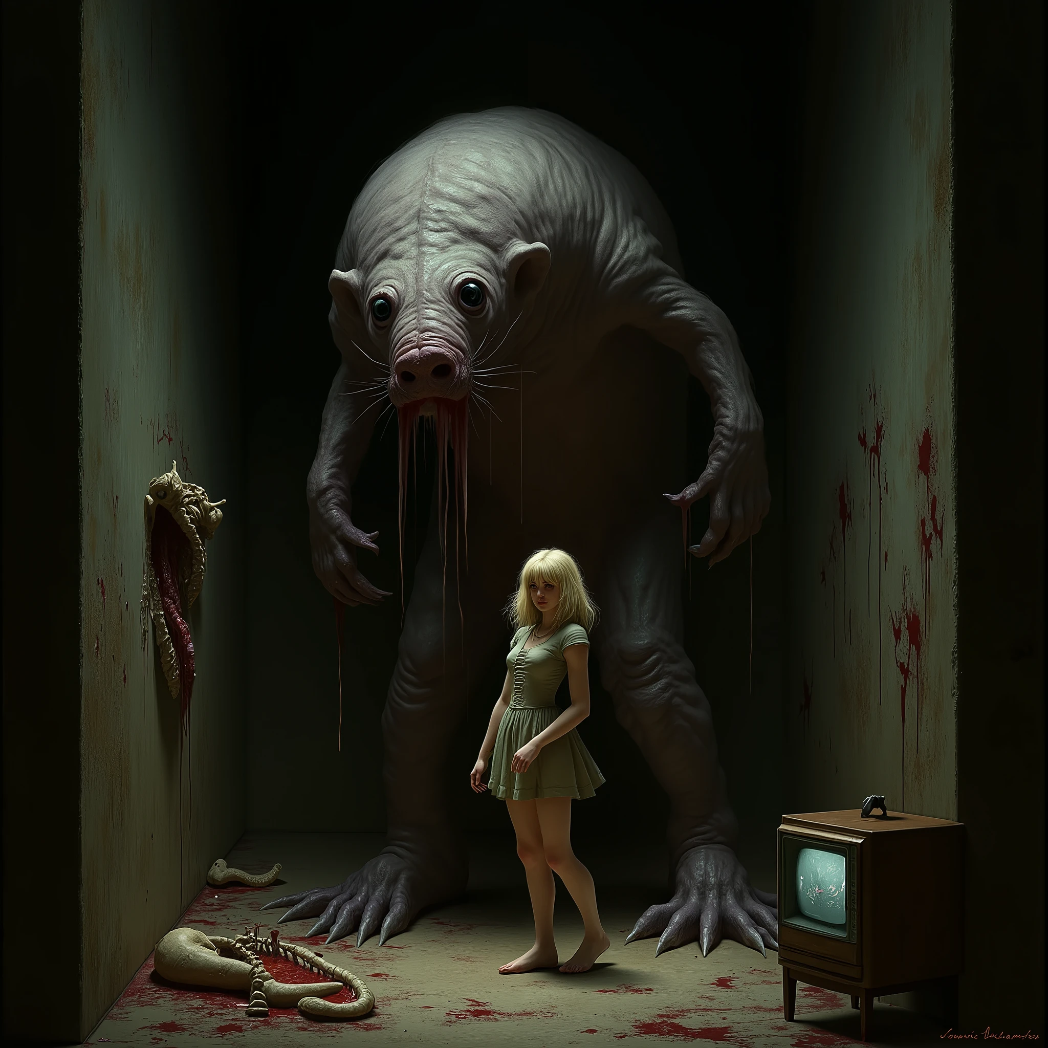 "(the best lighting, high contrast , dark, dramatic),(Blonde girl next to a giant jelly weasel, Open the rib cage, fetus, autopsy, human bones, blood on the walls), tv on . Light Caravaggio"