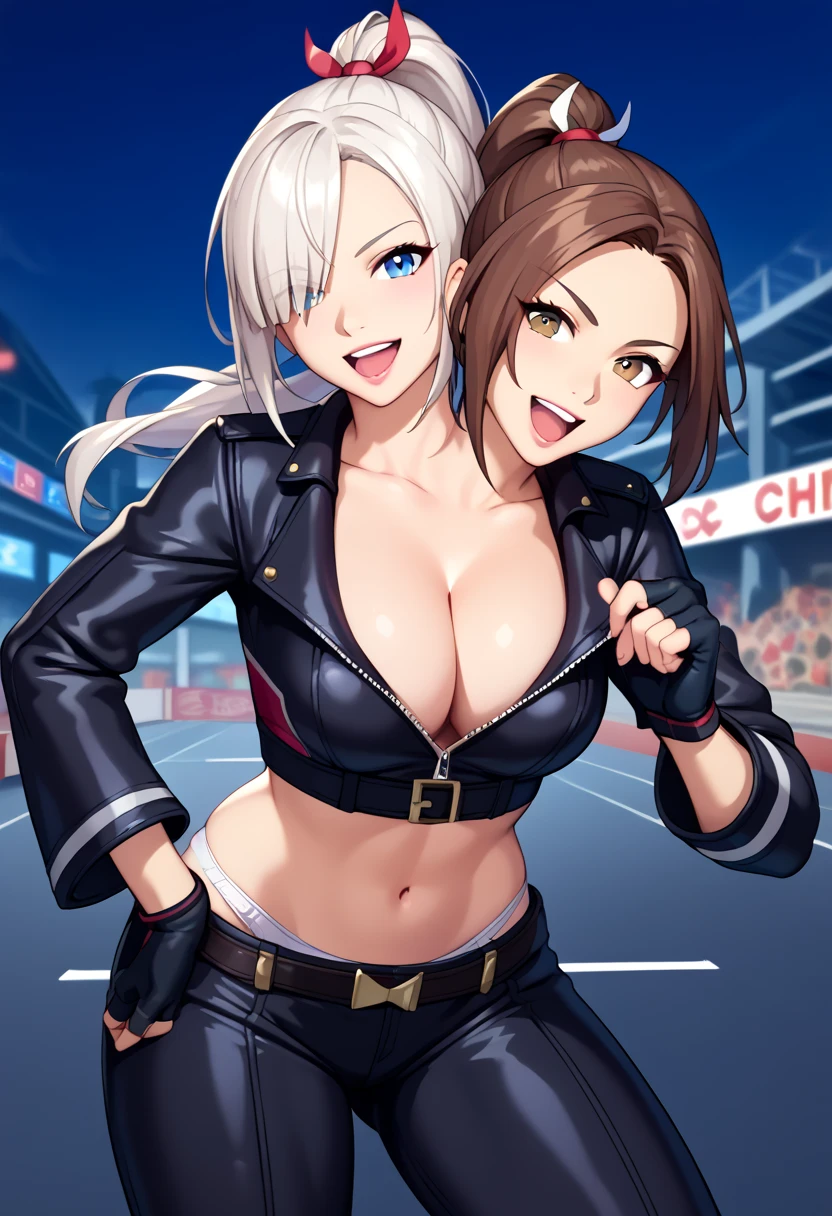 score_9_up, score_8_up, score_7_up,score_6_up, score_5_up, score_4_up , 1girl, solo, twoheads, 2heads, conjoined, ((2 different hairstyles)), ((white hair)), ((brown hair)), AngelKOF, blue eyes, short hair, hair over one eye, cleavage, cropped jacket, black jacket, fingerless gloves, midriff, chaps, panties, MaiCOTW, brown hair, high ponytail, large breasts, cleavage, leather jacket, black gloves, unzipped, long sleeves, midriff, leather pants, one head tries to pull the opposite way of the other head, fighting, distracted, uncoordinated, city background