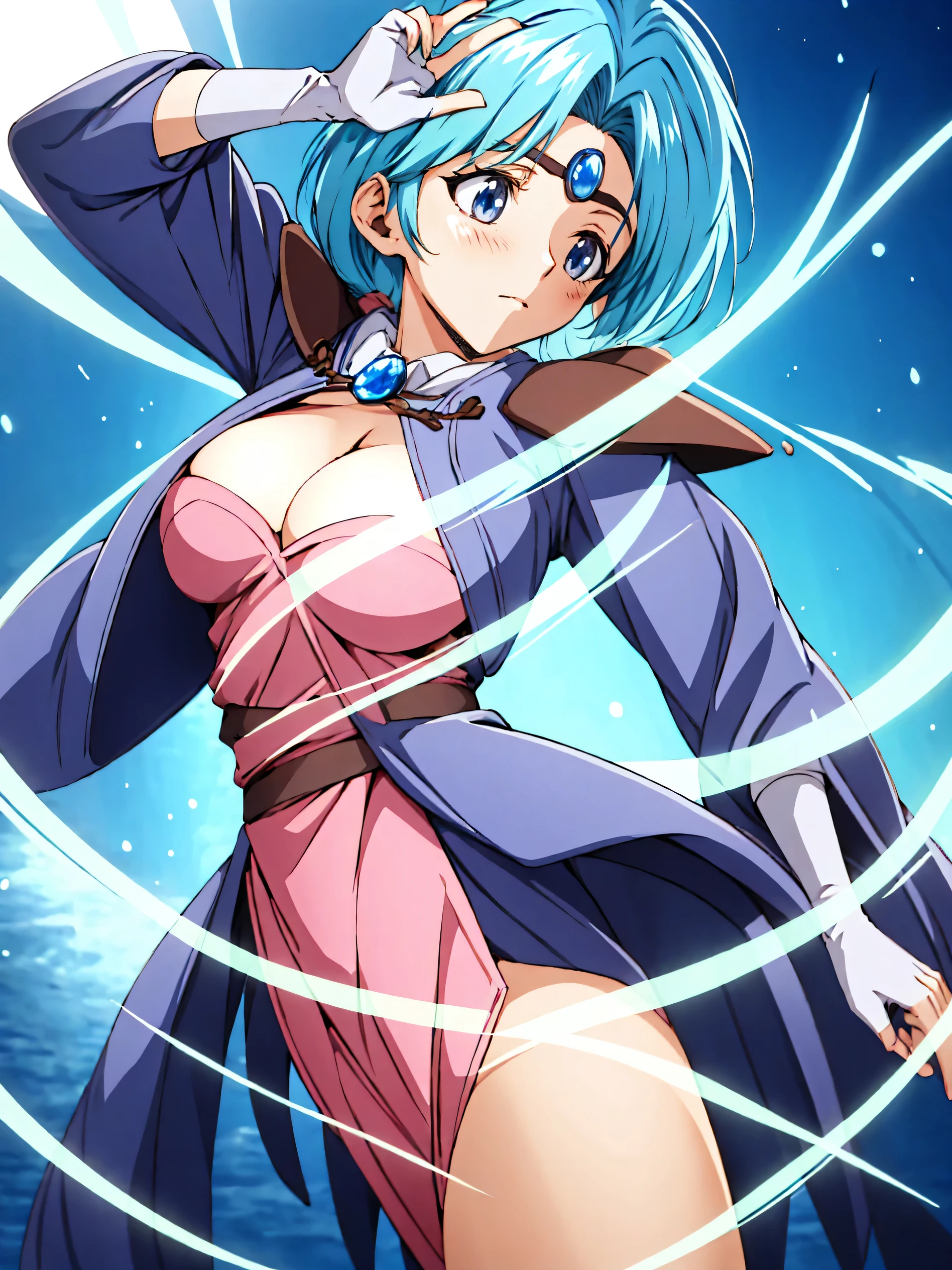 masterpiece, Highest quality, 1 Girl, Beautiful face in every detail, short hair, Wavy Hair、Twin tails from below,French Braid, Stern face、Otaku Photon 1, (Master Parts:1.2), (Better Quality), Familiar, Ultra-high resolution, Cinema Lighting, Sharp focus, (shape:1.1), complicated、 Wearing wizard robes and hat, Hand with cane, The blue crystal on the wand glows..., close, Night wilderness、 Bright light, Flashing Light,