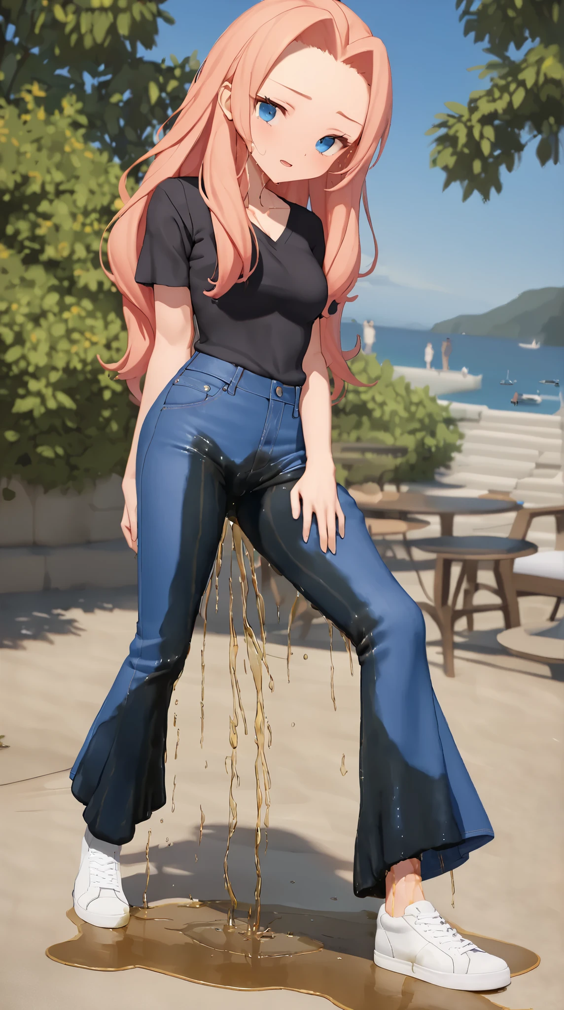 ((best quality, masterpiece:1.3, 8K)), (detailed), highly detailed face and skin texture, detailed eyes, downtown, seductive pose, full body, slender body, 1girl, 25 years old, white skin, blue eyes, bright lips, worried, embarrassed, long hair, (forehead:0.8), (stylish top:1.2), jeans pants, blue jeans, footwear, peeing jeans, peeing pants, pee stain, (wetting herself:1.5), desperation,
