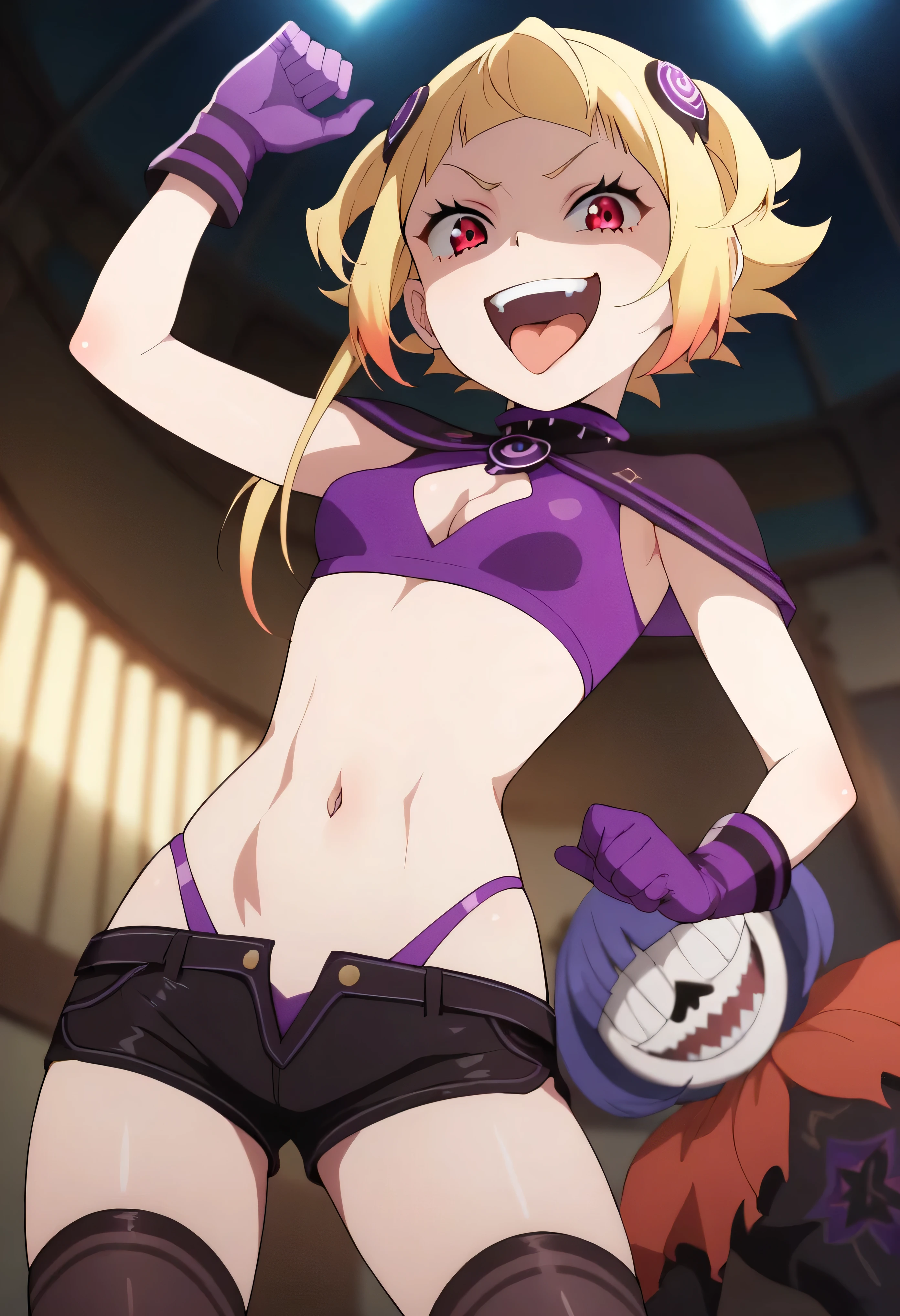 masterpiece, best quality, good quality, newest, CEL, AnFit, red eyes, blonde hair, purple crop top, 1girl, tongue out, black thighhighs, looking at viewer, purple gloves, cowboy shot, short shorts, black shorts, small breasts, highleg panties, hair ornament, , underwear, hand up, panty straps, smile, cleavage cutout, , open mouth, purple panties, two-tone , pink gloves, sidelocks, outline1girl, blonde hair,masterpiece , best quality, , lookin under, ,, smile, purple brassiere, from below,too evil laugh, ,small loliul body,villain pose,short hair,shaded face(eyes in shadow),1girl,violence,attack,kick,evil darkness background,five fingers,