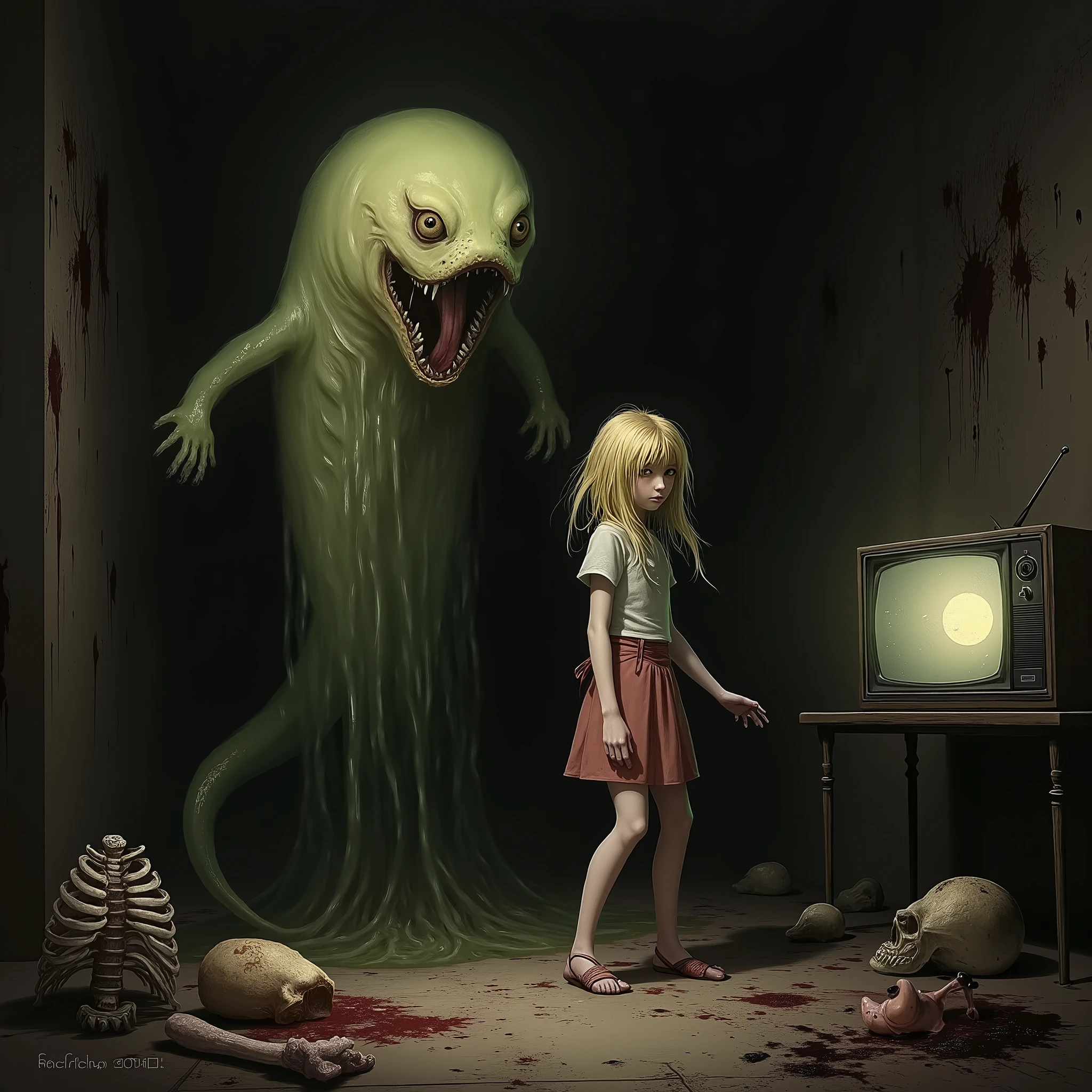 "(the best lighting, high contrast , dark, dramatic),(Blonde girl next to a giant jelly weasel, Open the rib cage, fetus, autopsy, human bones, blood on the walls), tv on . Light Caravaggio"