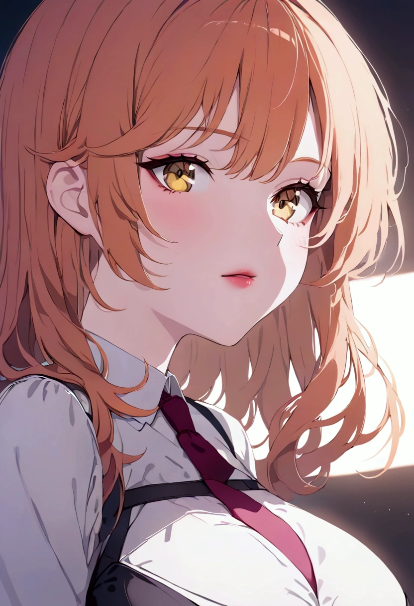  Anime girl with orange hair,  yellow eyes ,  big breast ,  fine winding,  white clothes with red tie , black skirt with shiny lips with light pink lip gloss