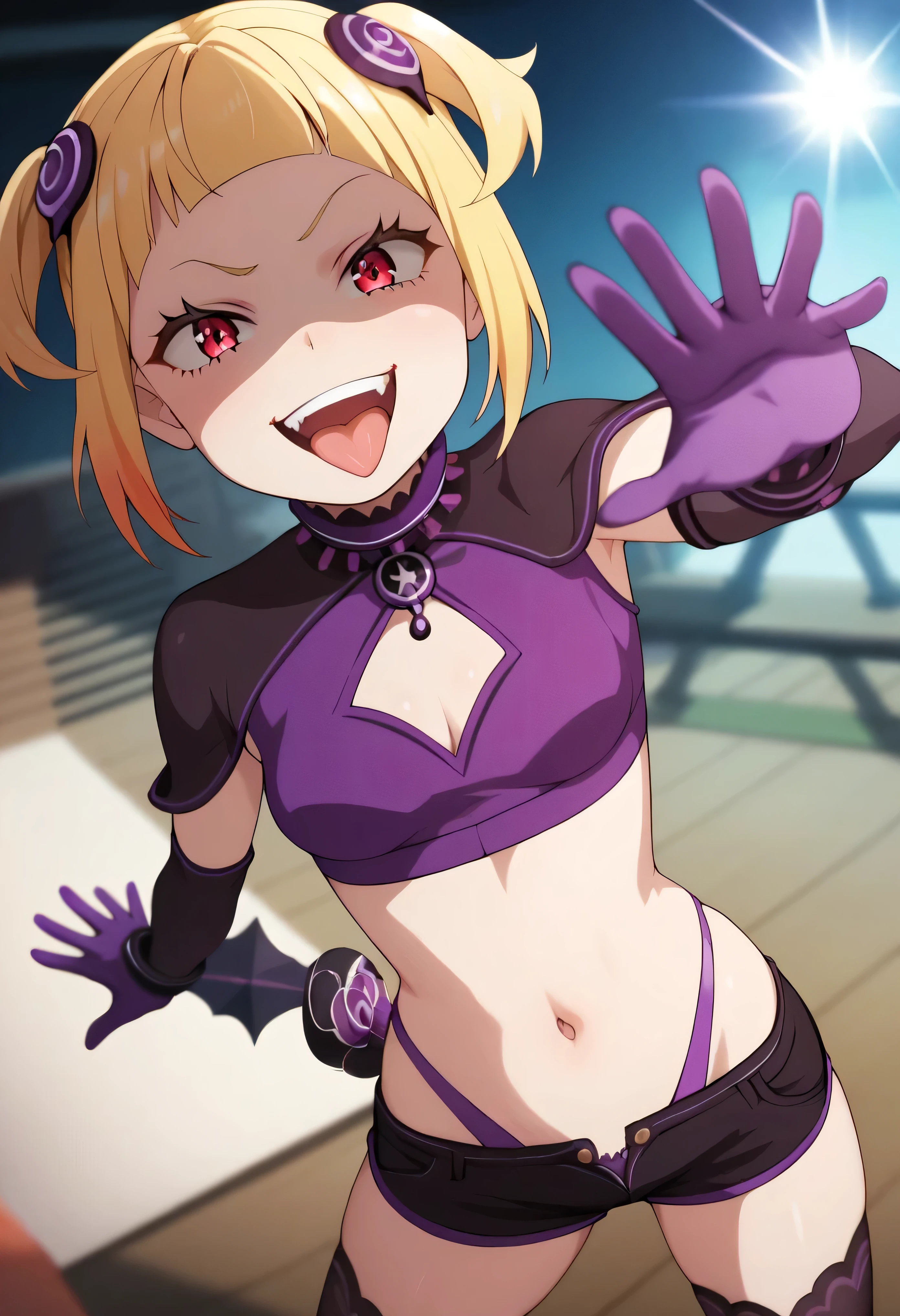 masterpiece, best quality, good quality, newest, CEL, AnFit, red eyes, blonde hair, purple crop top, 1girl, tongue out, black thighhighs, looking at viewer, purple gloves, cowboy shot, short shorts, black shorts, small breasts, highleg panties, hair ornament, , underwear, , panty straps, smile, cleavage cutout, , open mouth, purple panties, two-tone , pink gloves, sidelocks, outline1girl, blonde hair,masterpiece , best quality, , lookin under, ,, smile, purple brassiere, from below,too evil laugh, ,small loliul body,villain pose,short hair,shaded face(eyes in shadow),1girl,violence,attack,kick,evil darkness background,five fingers,