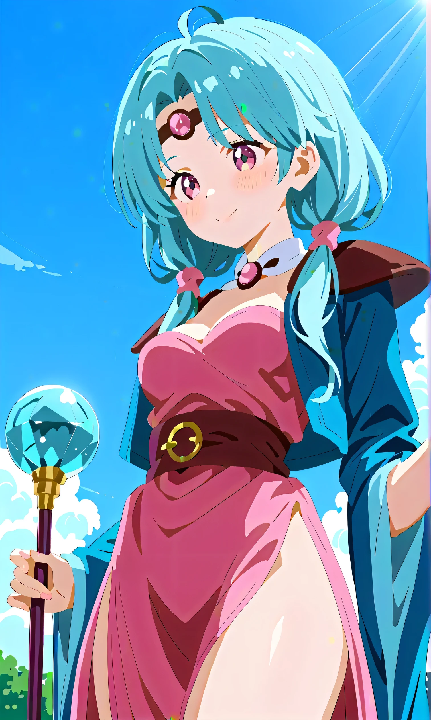 masterpiece, highest quality, 1 girl, Beautiful face in every detail, short hair, Wavy Hair、Twin tails from below,French Braid, Stern face、Otaku Photon 1, (Master Parts:1.2), (Better Quality), Familiar, Ultra-high resolution, Cinema Lighting, Sharp focus, (shape:1.1), complicated、 Wearing wizard robes and hat, Hand with cane, The blue crystal on the wand glows.., close, Night wilderness、 Bright light, Flashing Light,
