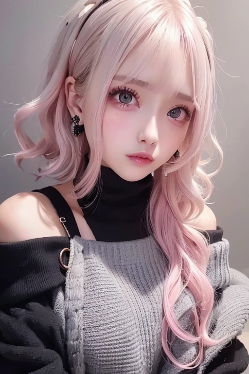 [[Light gray]] and （（Light pink））highlight hair color、 （((Sexy black knit suit)) 、((Off-shoulder)) girl, masterpiece,  ((Very Short Hair))、textured skin,  Hi-Res,  best quality,  Light grey hair、((The tips of the hair are curly and light pink))、 choker、Earrings、Droopy eyes、