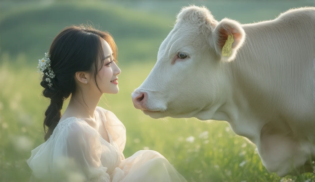 This is a cozy and happy image of ((a woman)) curled up next to an adorable calf. The woman is lovely with interesting and beautiful eyes and puffy lips. Her eyes are (colorful) and have interesting color combinations. The calf is sleepy and cute, with detailed eyes and cow markings. Include many cozy and peaceful details. Include warm, peaceful, pretty, elegant, baby cow, lovely woman, smile lines, god rays, rays of light, shimmer, ((masterpiece)), best quality, ultra detailed. Perspective places the woman and the calf in the center of the image. Utilize dynamic composition and cinematic lighting techniques. (((The baby cow is as important as the woman and should be perfect and cute.)))