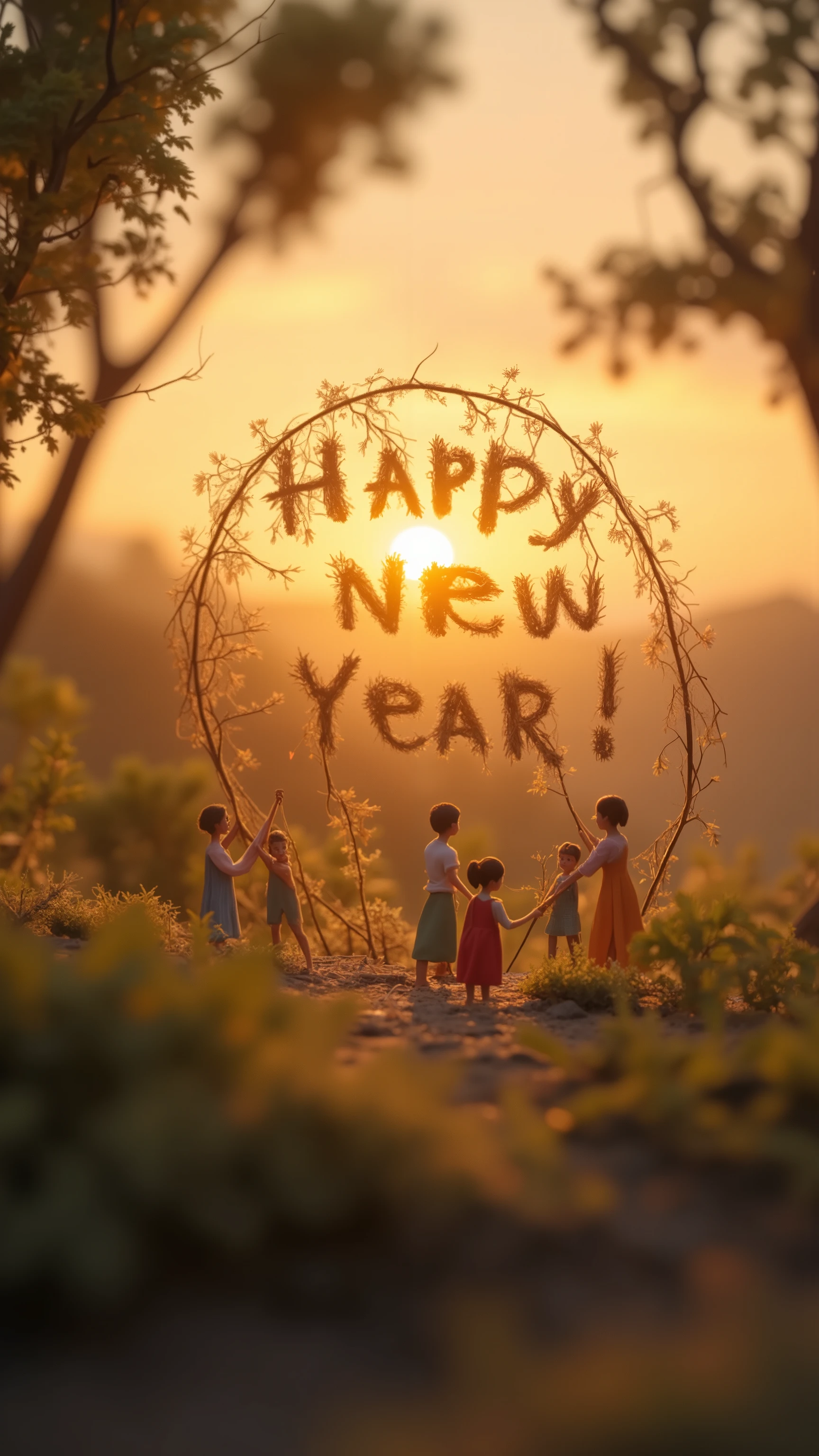 Miniature. People gather twigs to make letters. "Happy New Year!" In the background, you can see the sun rising from the horizon.