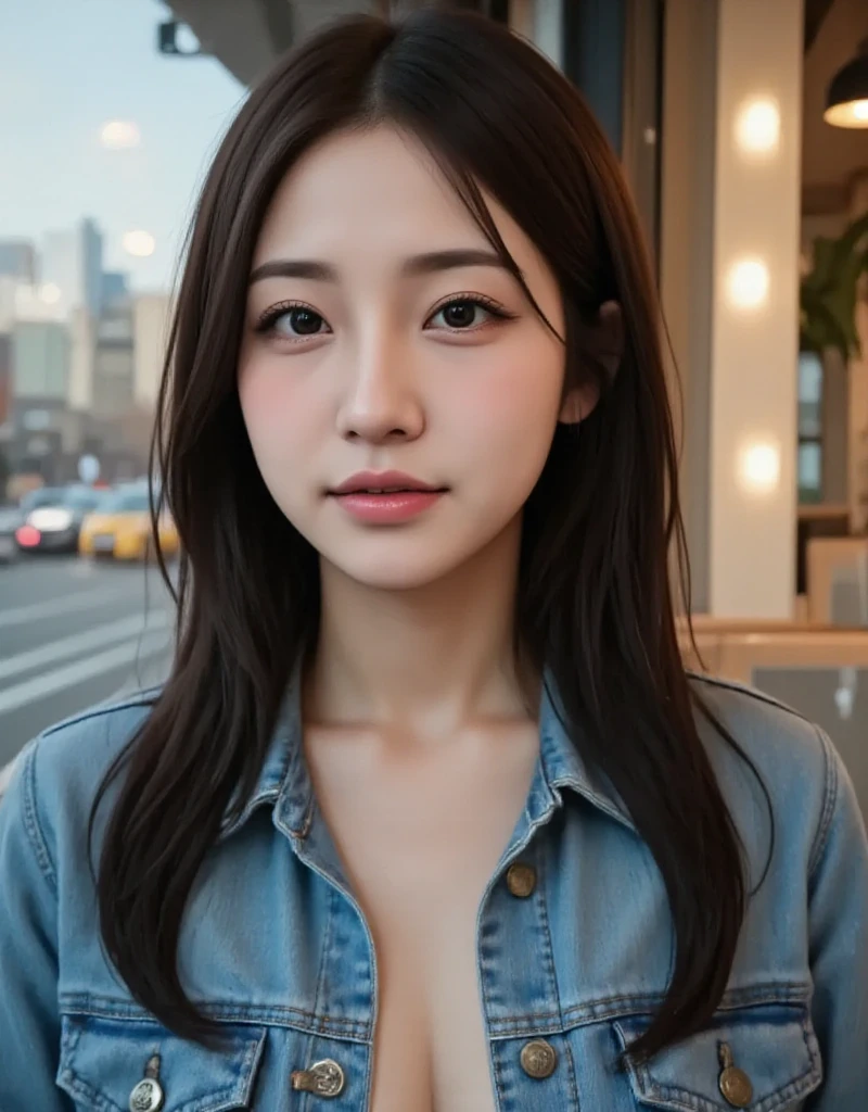  close-up portrait of a 24-year-old Asian woman  (close-up portrait of a 24 year old asian woman who is very skinny but has big boobs  , gorgeous actress-like woman)  I'm sitting by the window of a cafe with a 70s style interior in New York and facing the window.  she says  (Wearing a cut denim jacket on bare skin  :1.4) , Nipples are slightly visible through gaps in the jacket, Highlights the chest .  she says 白い肌で自然な(( without makeup :1.4)),  pores and skin texture are clearly visible 、In focus., Dirty black hair,  shiny, Fresh, almond shaped face, looking out at the city through a glass window.  Retro-style lighting and the woman's silhouette are reflected in the glass , the evening skyline of new york city is blurred in the distance.