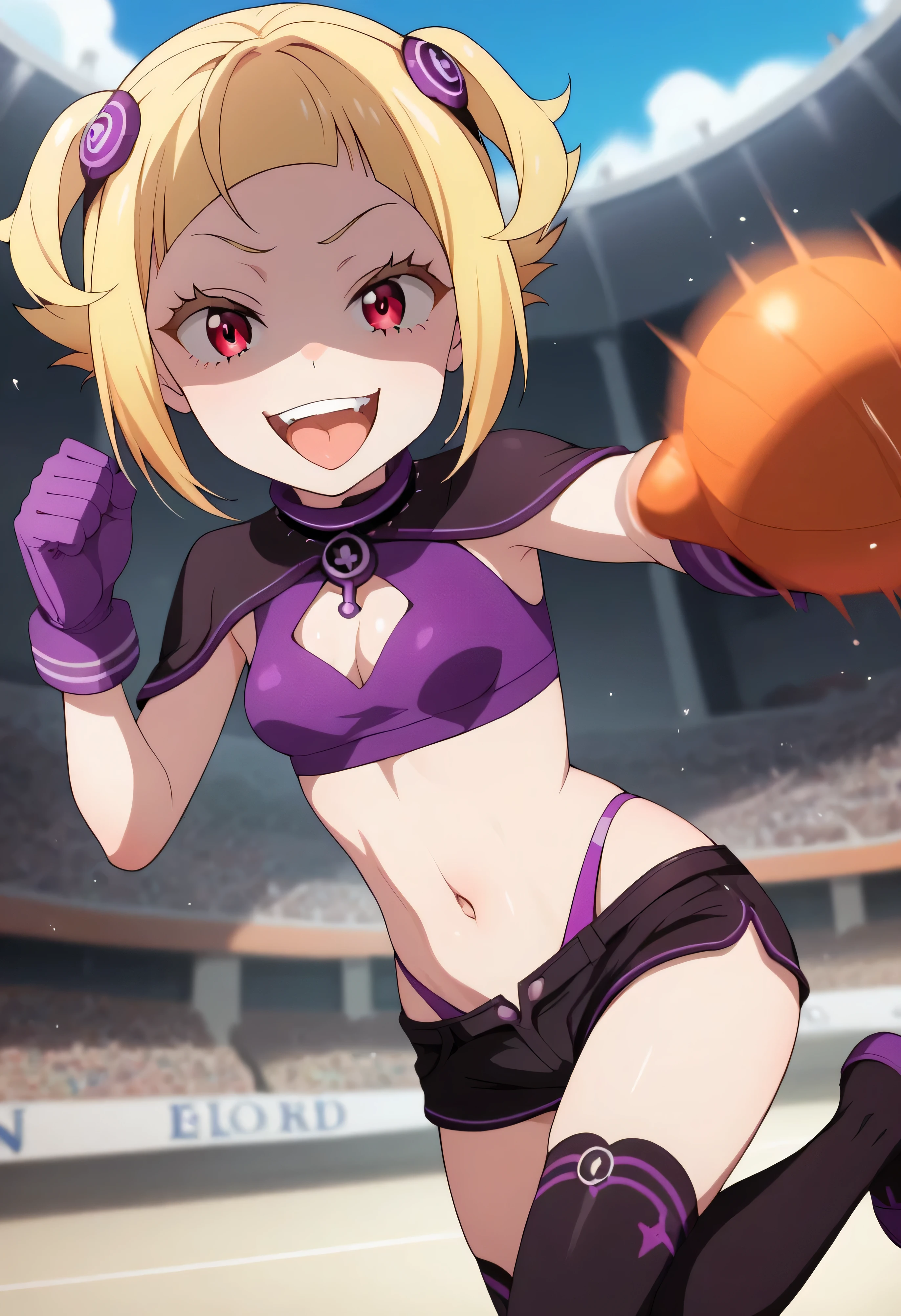 masterpiece, best quality, good quality, newest, CEL, AnFit, red eyes, blonde hair, purple crop top, 1girl, tongue out, black thighhighs, looking at viewer, purple gloves, cowboy shot, short shorts, black shorts, small , highleg panties, hair ornament, , , ,  straps, smile, cleavage cutout, , open mouth, purple panties, two-tone , pink gloves, sidelocks, outline1girl, blonde hair,masterpiece , best quality, , lookin under, ,, smile, purple brassiere, from below,too evil laugh, small girl,small loli,beautiful body,villain pose,short hair,shaded face(eyes in shadow),1girl,violence,attack,kick,evil darkness background,five fingers,