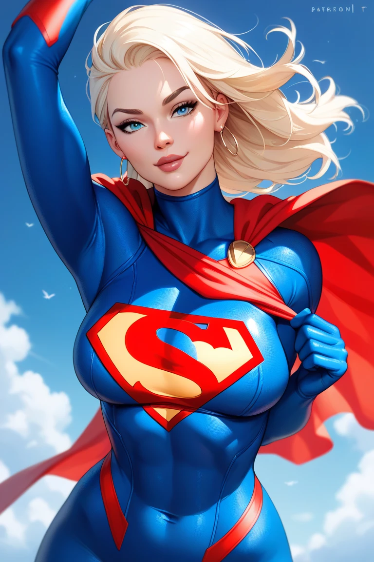 (melhor qualidade:1.3), Supergirl, capa vermelha, S do super-homem no peito, blue swimsuit, Red skirt, botas vermelhas, (demon girl), huge breasts, sedutora, sexy, cabelo branco com as pontas verde claro, chifre com as pontas vermelho