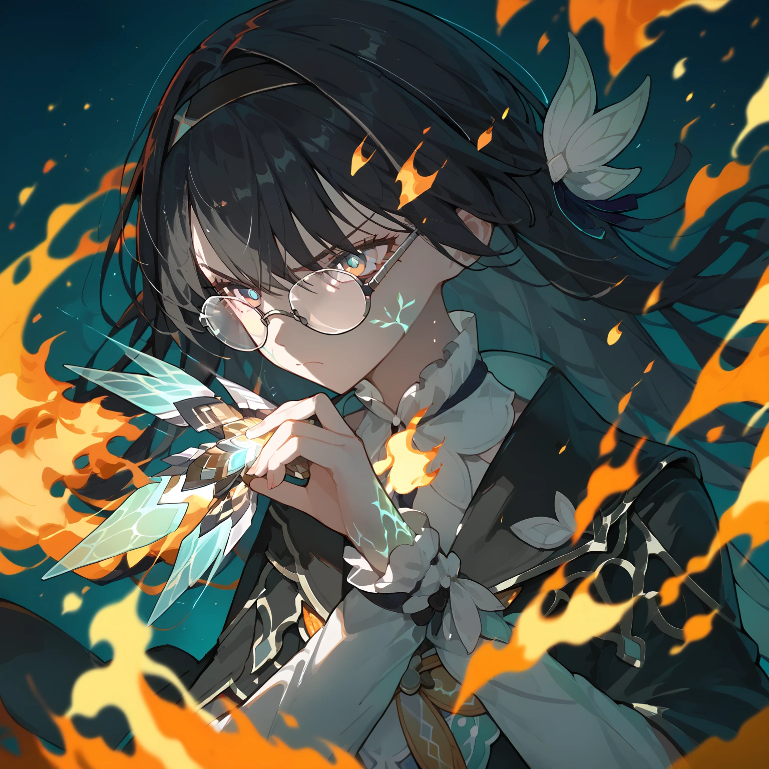 (score_9, score_8_up, score_7_up), 1girl, fireflyhsr, black hair, eyeglasses, hairband, holding henshin device, henshin, veins, closed mouth, looking serious, glowing, fire, 