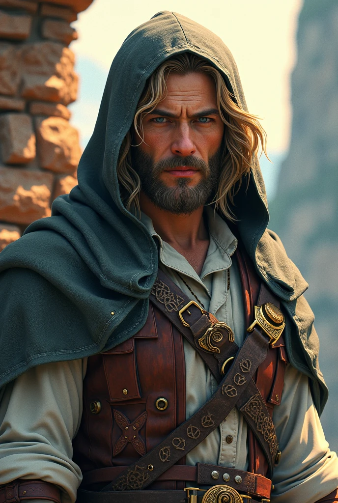 Judas disciple of Jesus before a tree with a rope in the form of a gallows. Imagem de filme, High quality in definition, ambiente a noite , lua cheia. 8k