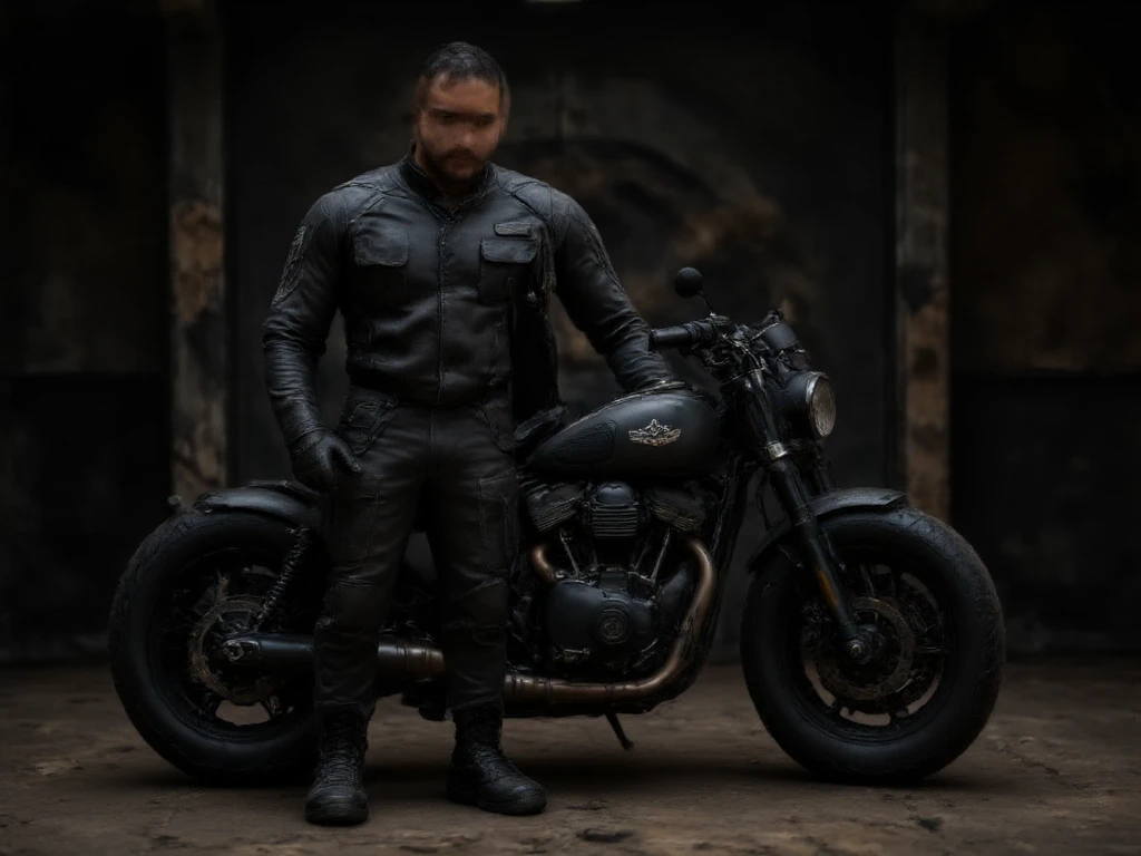 A full-body image of a muscular adult male dressed in police tactical gear, PTU-style, wearing a black leather full-body suit, mask, and tactical boots. The sleek leather outfit provides full coverage, exuding a dark and intense atmosphere. The scene is illuminated by low light, casting dramatic shadows that enhance the mysterious and powerful presence. He stands beside a heavy-duty police motorcycle, ready for action. The composition emphasizes his commanding stance and the tactical precision of his gear,Future City Technology,blending a sleek, futuristic aesthetic with a gritty, law enforcement vibe.
