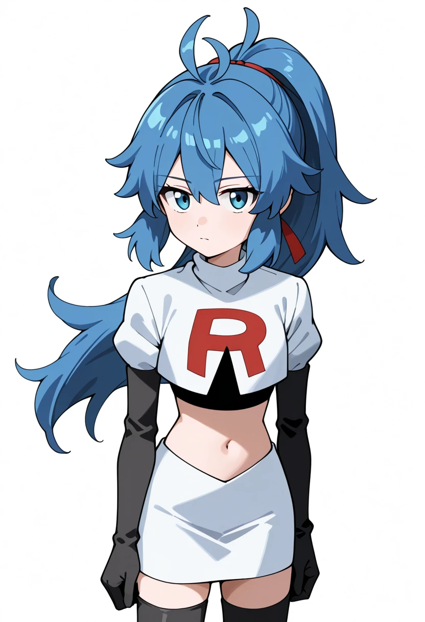 masterpiece, best quality, white background, looking the viewer, 
 1girl, blue hair, blue eyes, hair ribbon, ahoge, long hair, ponytail,  hair between eyes, red ribbon, navel, team rocket,team rocket uniform,white skirt,red letter R,crop top,black thigh-highs,black elbow gloves, cowboy_shot