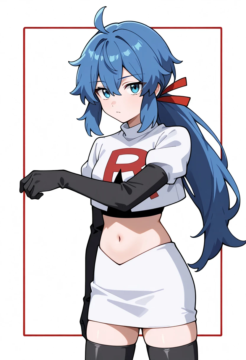 masterpiece, best quality, white background, looking the viewer, 
 1girl, blue hair, blue eyes, hair ribbon, ahoge, long hair, ponytail,  hair between eyes, red ribbon, navel, team rocket,team rocket uniform,white skirt,red letter R,crop top,black thigh-highs,black elbow gloves, cowboy_shot