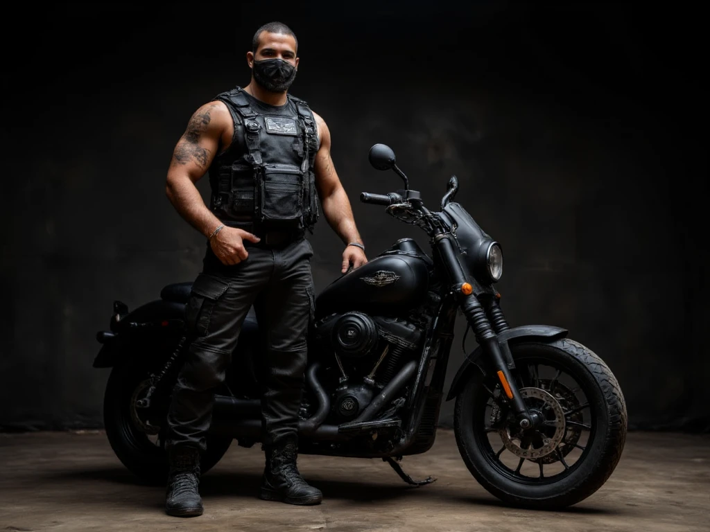 A full-body image of a muscular adult male dressed in police tactical gear, PTU-style, wearing a black leather full-body suit, mask, and tactical boots. The sleek leather outfit provides full coverage, exuding a dark and intense atmosphere. The scene is illuminated by low light, casting dramatic shadows that enhance the mysterious and powerful presence. He stands beside a heavy-duty police motorcycle, ready for action. The composition emphasizes his commanding stance and the tactical precision of his gear,Future City Technology,blending a sleek, futuristic aesthetic with a gritty, law enforcement vibe.
