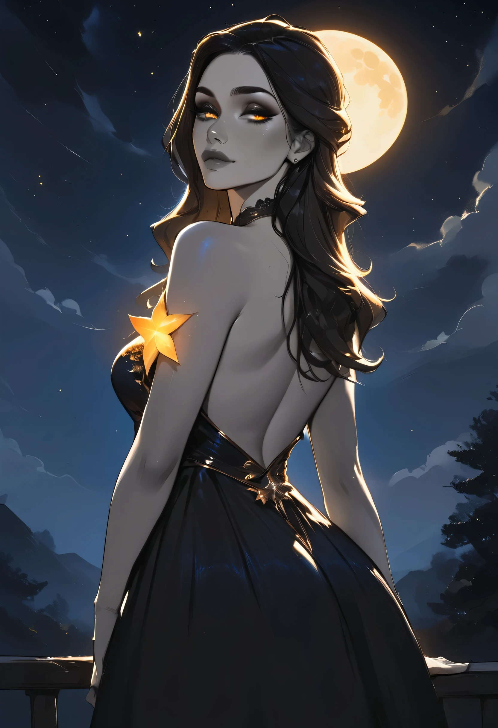 score_9, score_8_up, score_7_up, score_6_up, score_5_up, score_4_up, (black and white art: 1.5) mostly black and white, a picture of a beautiful woman, long hair, wearing black silk dress, with yellow glowing stars on it, backless dress, small cleavage, it is night, the moon in the sky, picture taken from the rear (only colors are the dress and the eyes)