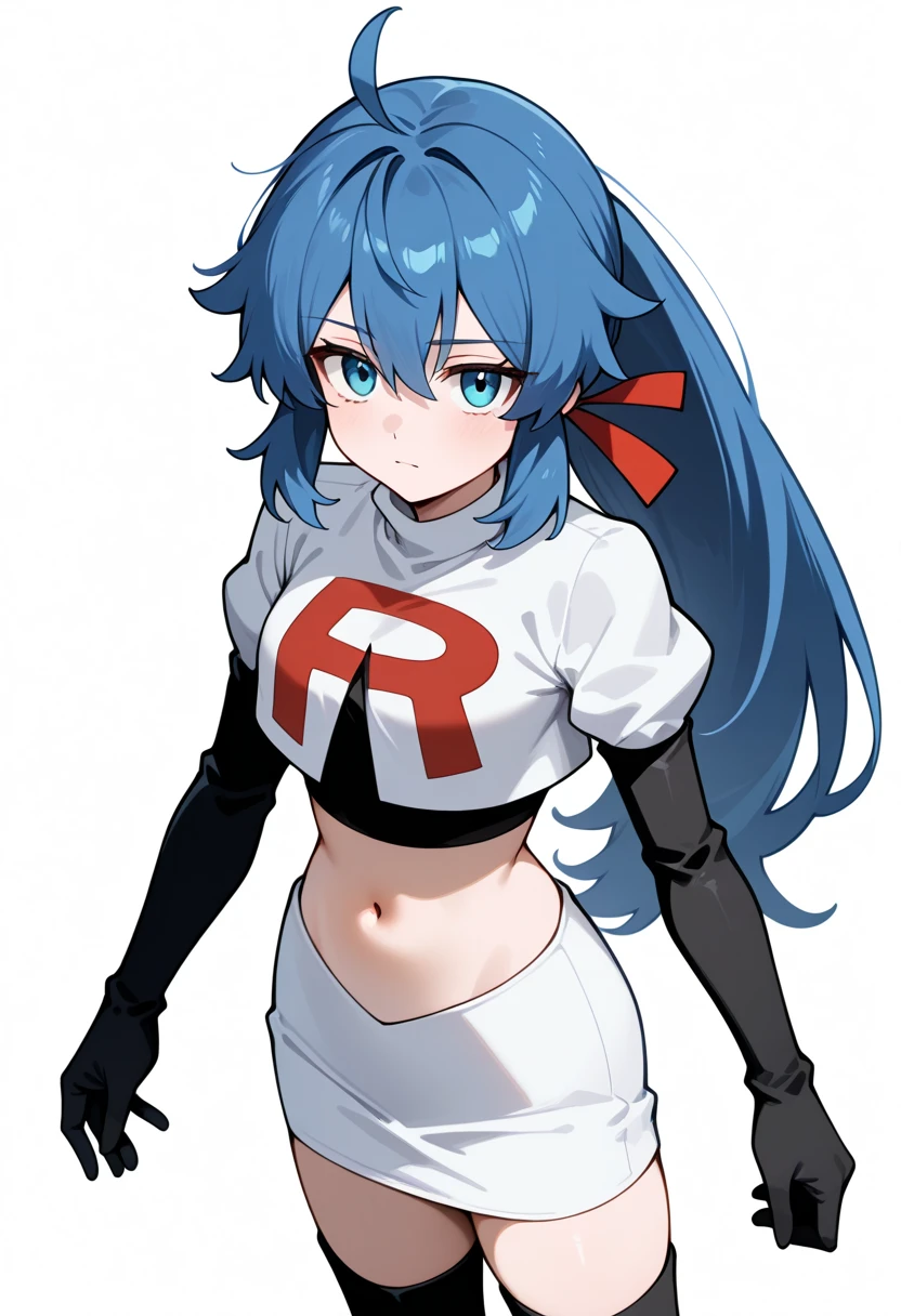 masterpiece, best quality, white background, looking the viewer, 
 1girl, blue hair, blue eyes, hair ribbon, ahoge, long hair, ponytail,  hair between eyes, red ribbon, navel, team rocket,team rocket uniform,white skirt,red letter R,crop top,black thigh-highs,black elbow gloves, cowboy_shot