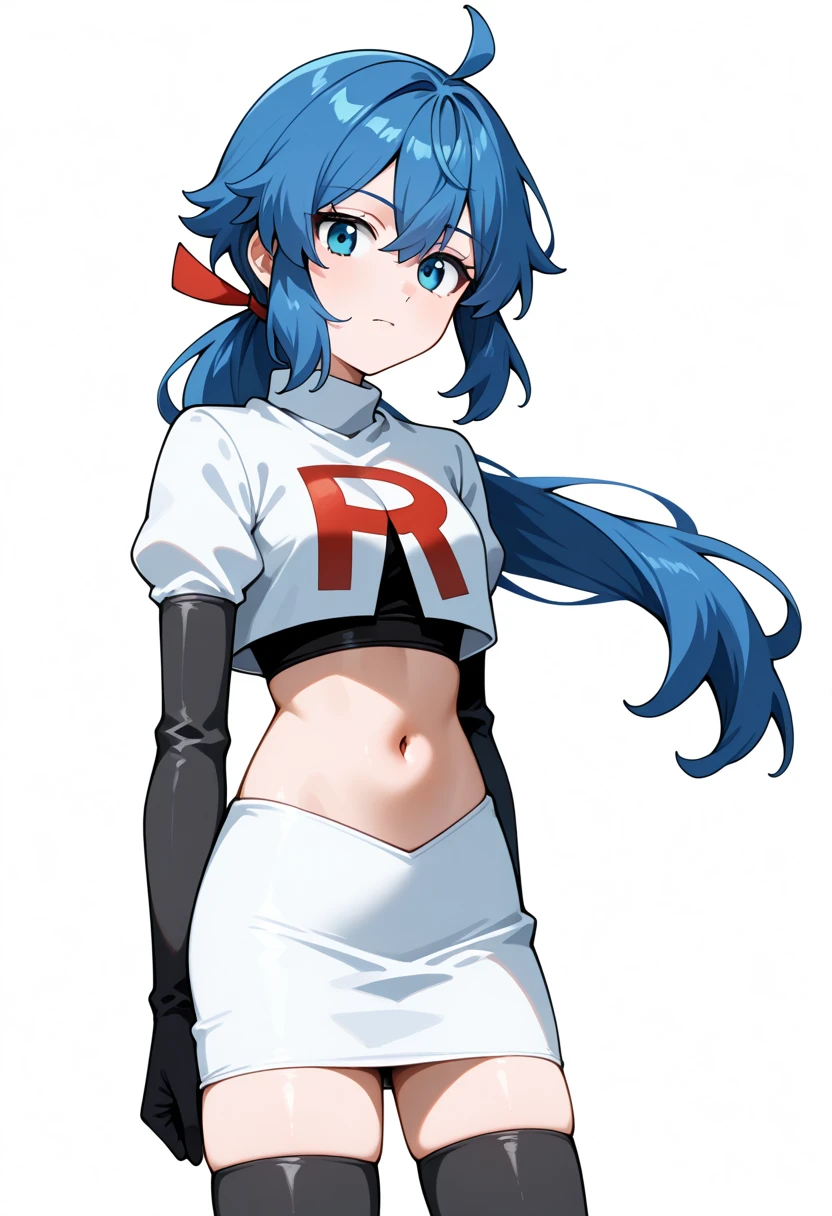 masterpiece, best quality, white background, looking the viewer, 
 1girl, blue hair, blue eyes, hair ribbon, ahoge, long hair, ponytail,  hair between eyes, red ribbon, navel, team rocket,team rocket uniform,white skirt,red letter R,crop top,black thigh-highs,black elbow gloves, cowboy_shot