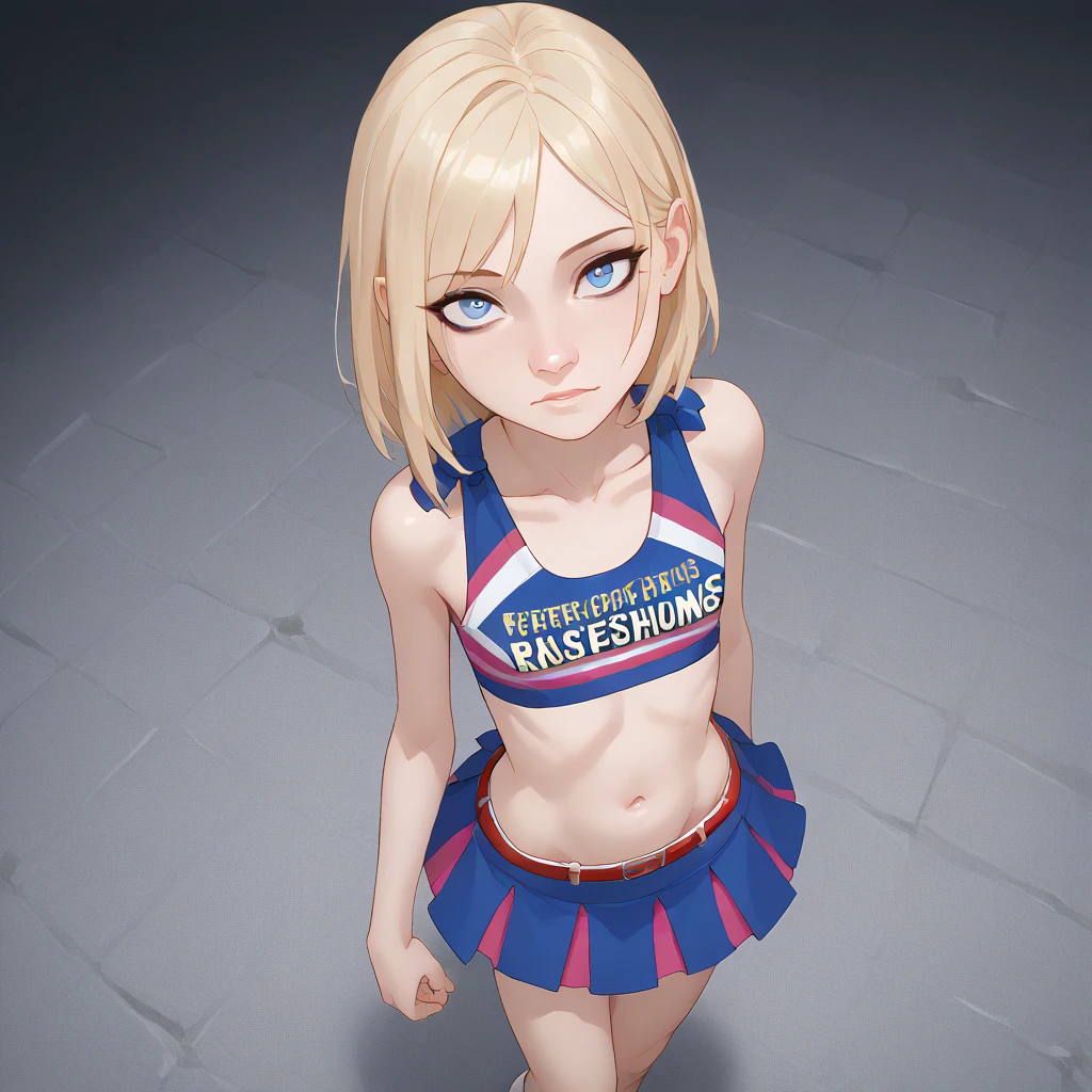 source_animated,  score_9,  score_8_above,  score_7_above,  score_6_above,  score_5_above,  score_4_above, 
1 girl, Alone,  small breasts ,  looking at the viewer , Blue eyes, skirt, blonde hair,  medium high , belly button, neckline, collections, cheerleader, nude
