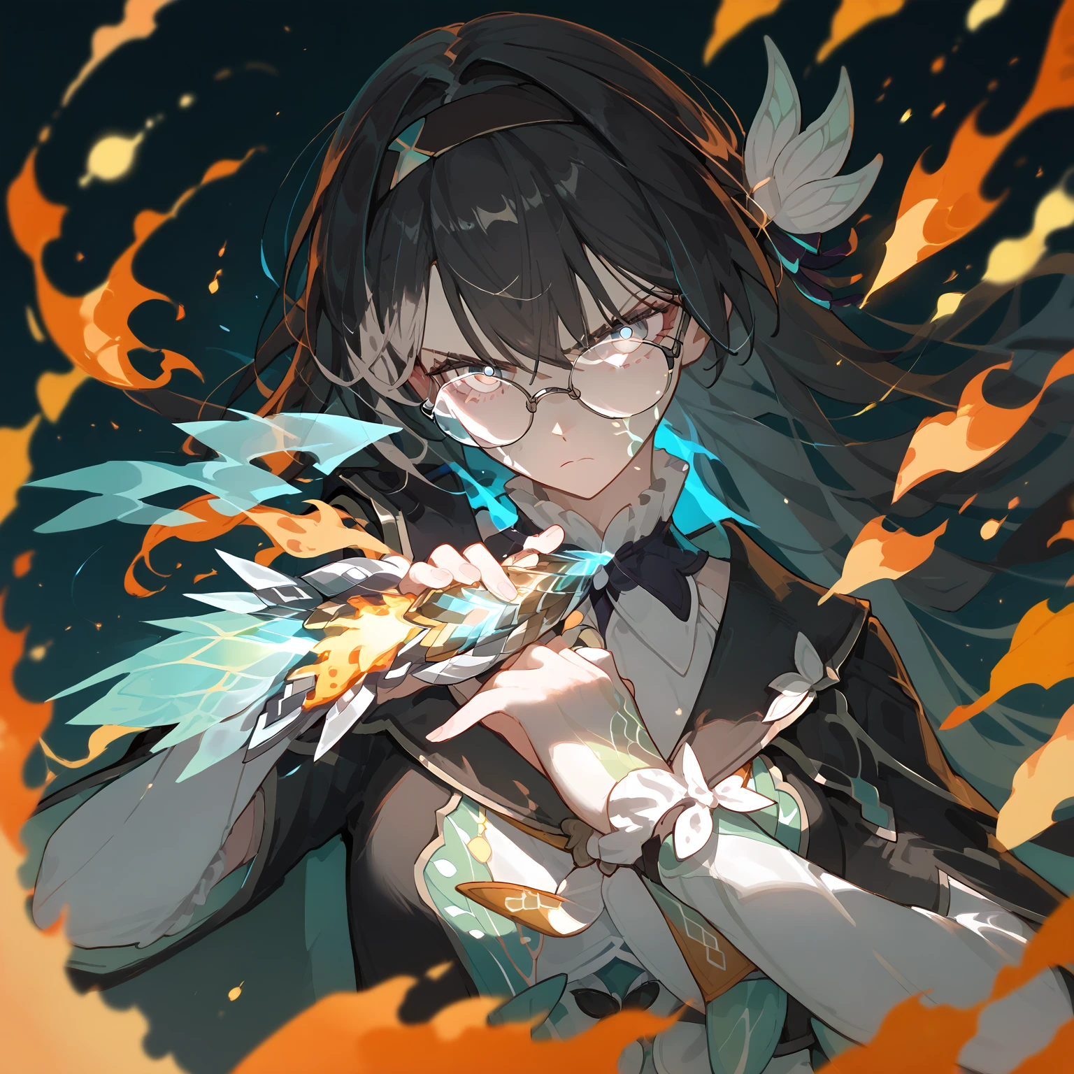 (score_9, score_8_up, score_7_up), 1girl, fireflyhsr, black hair, eyeglasses, hairband, holding henshin device, henshin, veins, closed mouth, looking serious, glowing, fire, 