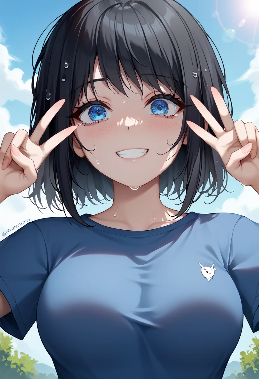 score_9, score_8_up, score_7_up, source_anime, best quality, clear face,skinny cool girl,black hair, blue eyes, medium hair, large breasts, perfect body, s, looking at viewer, lewd sexy,blue shirt,summer, dynamic angle,two hair strains on sides,medium hair,middle part,tight clothes,sexy pose,lewd face,wet face,sexy,face close up,ahega,double peace sign,very close to face,only face,only upper body,sexy,surprised 