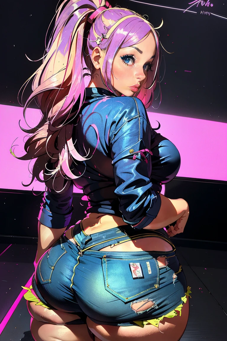 masterpiece, best quality, 25 years old beautiful woman, long hair, (mature face:1.4), 1woman, solo, crop top, denim shorts, choker, (from behind:1.4), plumb ass, thick thighs, thin waist, (graffiti:1.5), paint splatter, arms behind back, against wall, looking at viewer, armband, thigh strap, paint on body, head tilt, bored, multicolored hair (pink, blue), aqua eyes, headset