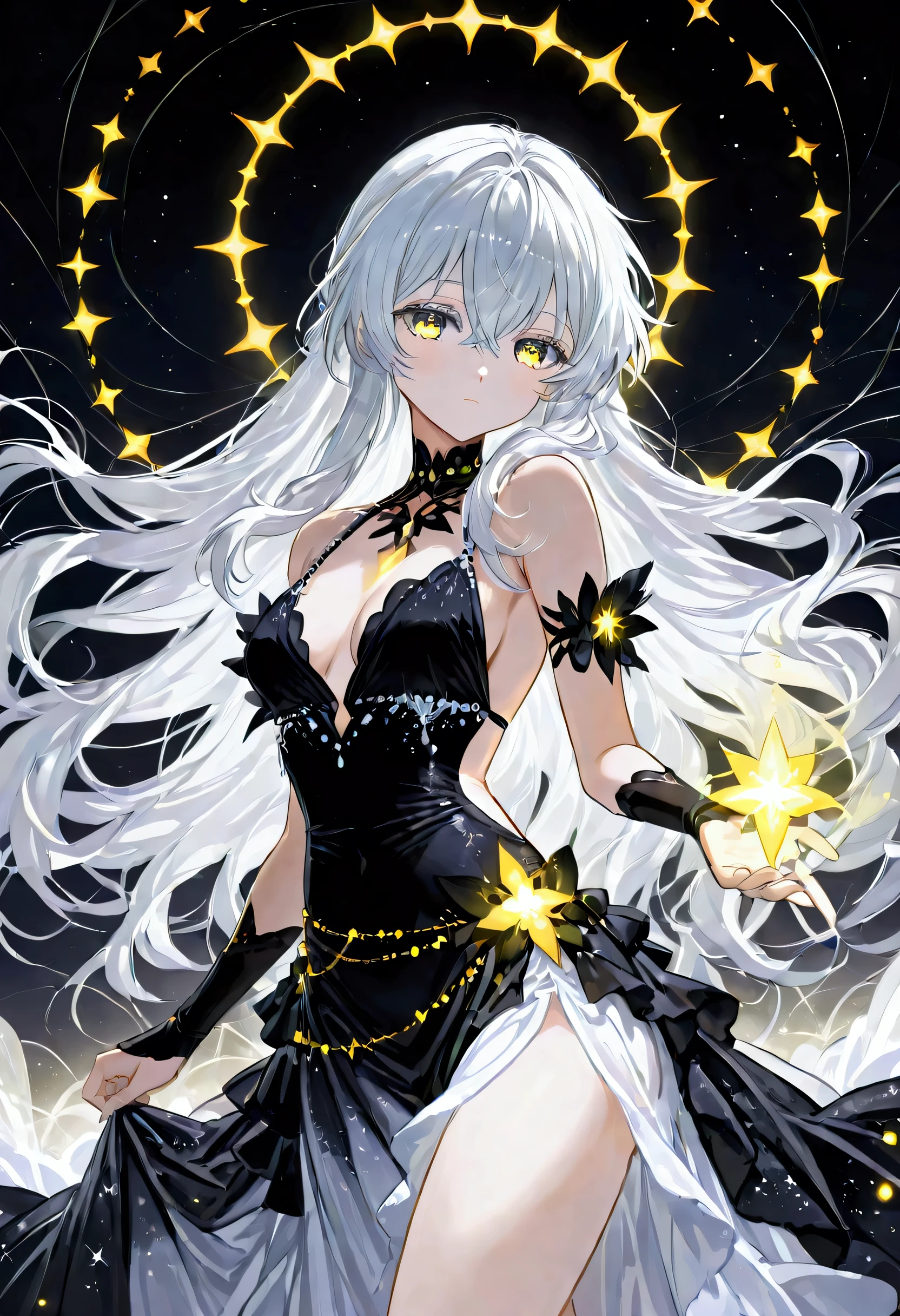 score_9, score_8_up, score_7_up, score_6_up, score_5_up, score_4_up, (black and white art: 1.5) mostly black and white, a picture of a beautiful woman, long hair, wearing black silk dress, with yellow glowing stars on it, backless dress, small cleavage, it is night, the moon in the sky, picture taken from the rear (only colors are the dress and the eyes), Haute_Couture