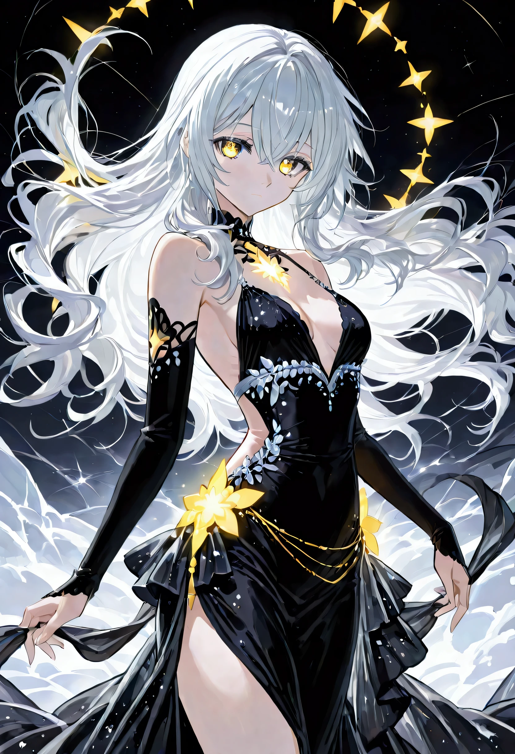 score_9, score_8_up, score_7_up, score_6_up, score_5_up, score_4_up, (black and white art: 1.5) mostly black and white, a picture of a beautiful woman, long hair, wearing black silk dress, with yellow glowing stars on it, backless dress, small cleavage, it is night, the moon in the sky, picture taken from the rear (only colors are the dress and the eyes), Haute_Couture