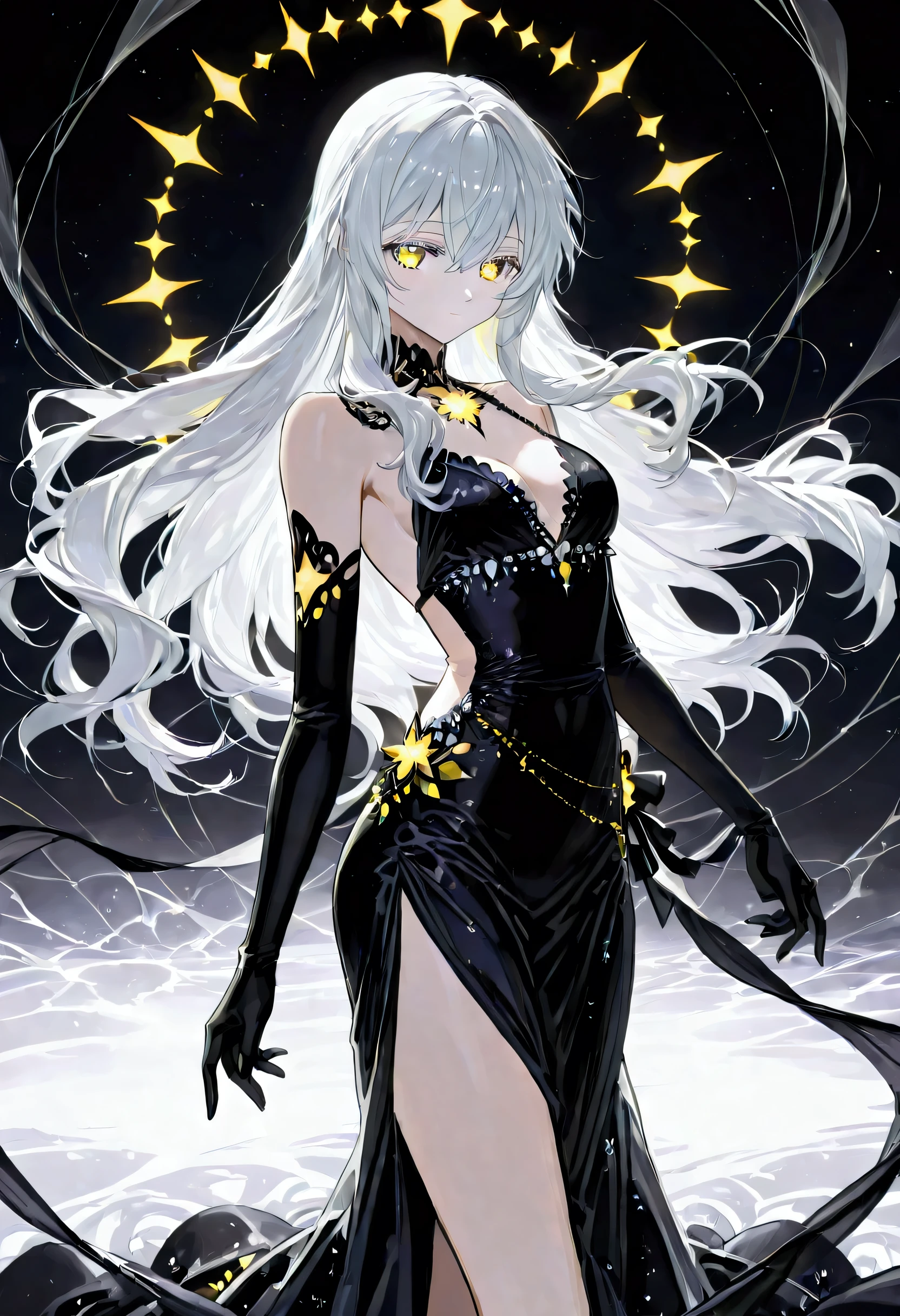 score_9, score_8_up, score_7_up, score_6_up, score_5_up, score_4_up, (black and white art: 1.5) mostly black and white, a picture of a beautiful woman, long hair, wearing black silk dress, with yellow glowing stars on it, backless dress, small cleavage, it is night, the moon in the sky, picture taken from the rear (only colors are the dress and the eyes), Haute_Couture