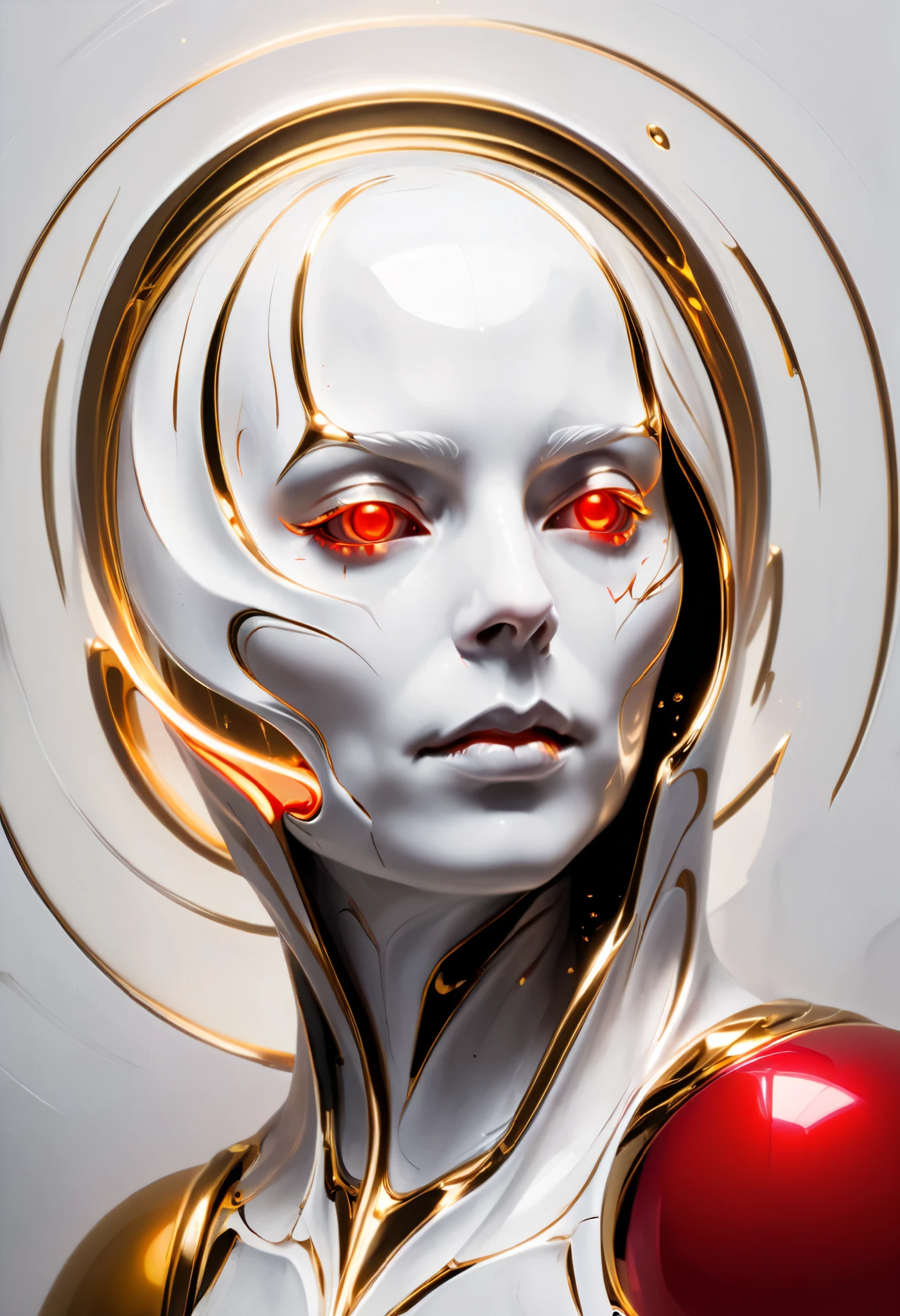 A hyper-realistic, face close-up portrait of a woman with striking, very short white hair, side-trimmed facing the viewer with an expression that conveys both strength and mystery. Her eyes are partially closed, exuding a futuristic,concept art by syd mead, retro futuristic,
d3qck artstyle
triadic color palleted,
 a stunning woman cosmonaut,
((space_style:0.6), cosmic outer space theme:1.1), bubble-mage, joyful, dynamic pose, colorful mage robes, surrounded by magical red bubbles, rainbow, large bubbles, floating particles, foam, transclucent, swirling bubbles, mesmerizing, ethereal aura, bubbles in background, twinkle, ethereal atmosphere
shadows, dramatic lighting , gradient
glowing particles, black background, white and gold skin, ((upper body in view:1.3)),((closely))
[(details:1.2): [ (many small details:1.3) : [ (many ultrasmall details: 1.2):(very detailed ultrasmall edges and microrelief:1.5):0.7 ]: 0.4 ] :0.2]
