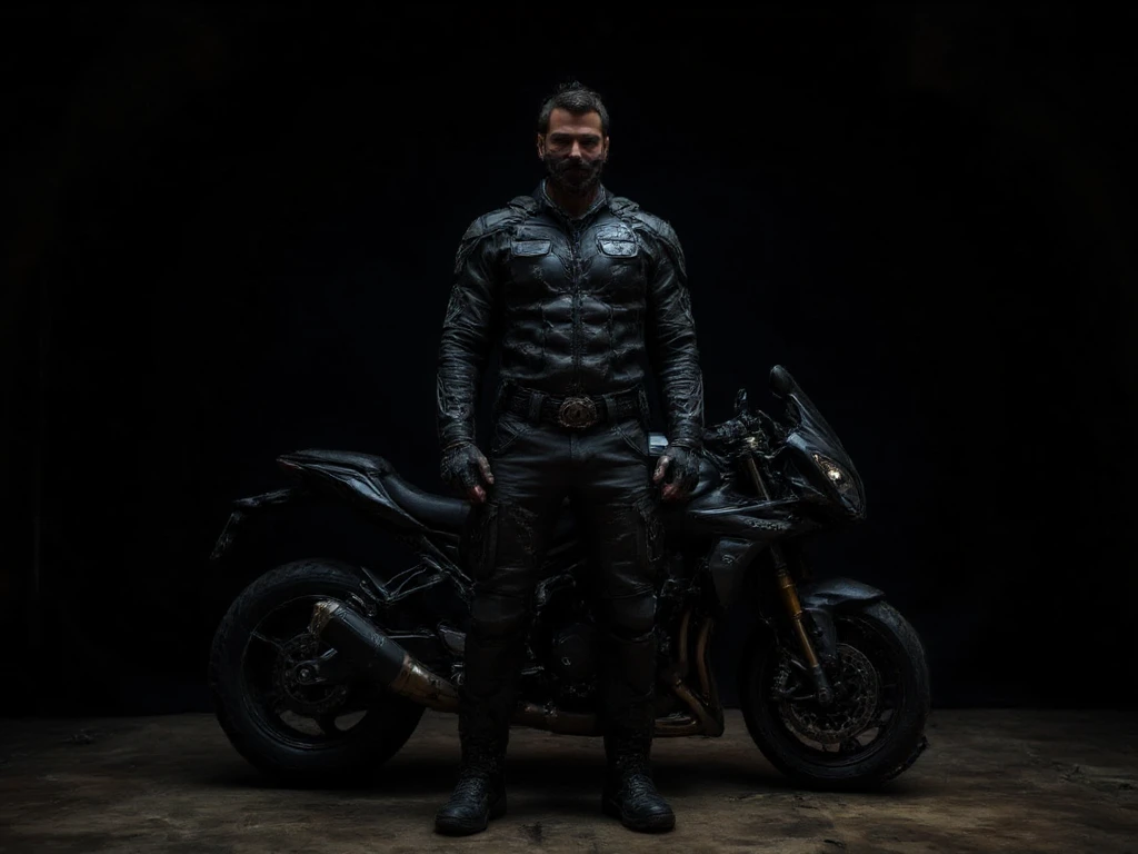 A full-body image of a muscular adult male dressed in police tactical gear, PTU-style, wearing a black leather full-body suit, mask, and tactical boots. The sleek leather outfit provides full coverage, exuding a dark and intense atmosphere. The scene is illuminated by low light, casting dramatic shadows that enhance the mysterious and powerful presence. He stands beside a heavy-duty police motorcycle, ready for action. The composition emphasizes his commanding stance and the tactical precision of his gear,Future City Technology,blending a sleek, futuristic aesthetic with a gritty, law enforcement vibe.
