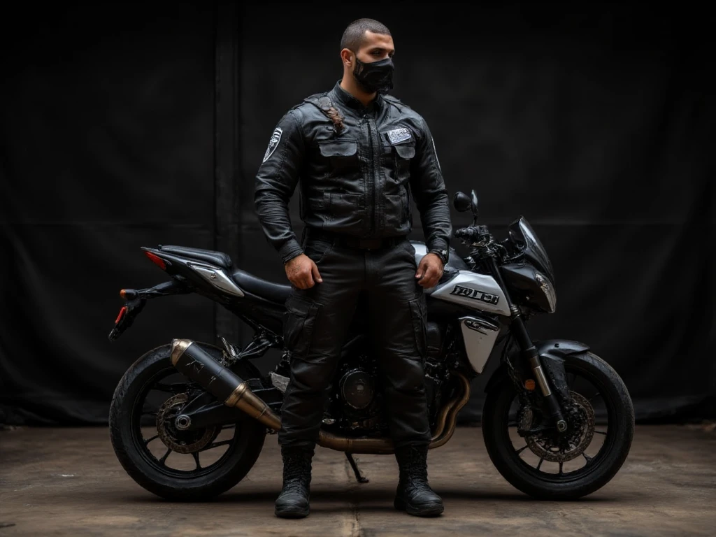 A full-body image of a muscular adult male dressed in police tactical gear, PTU-style, wearing a black leather full-body suit, mask, and tactical boots. The sleek leather outfit provides full coverage, exuding a dark and intense atmosphere. The scene is illuminated by low light, casting dramatic shadows that enhance the mysterious and powerful presence. He stands beside a heavy-duty police motorcycle, ready for action. The composition emphasizes his commanding stance and the tactical precision of his gear,Future City Technology,blending a sleek, futuristic aesthetic with a gritty, law enforcement vibe.
